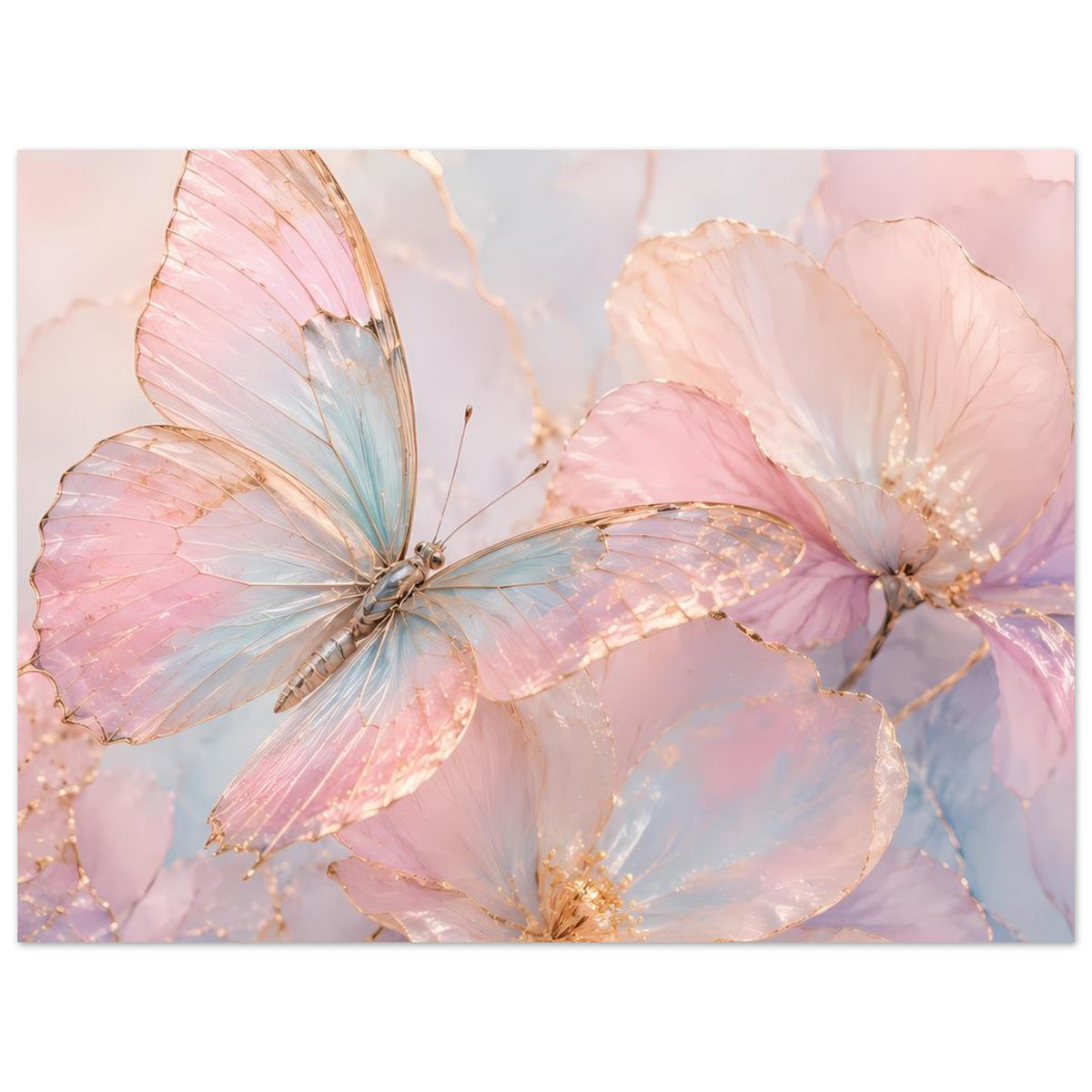 Aquarell-Poster mit Schmetterling und Blüten in Rosé-, Blau- und Goldtönen, horizontal