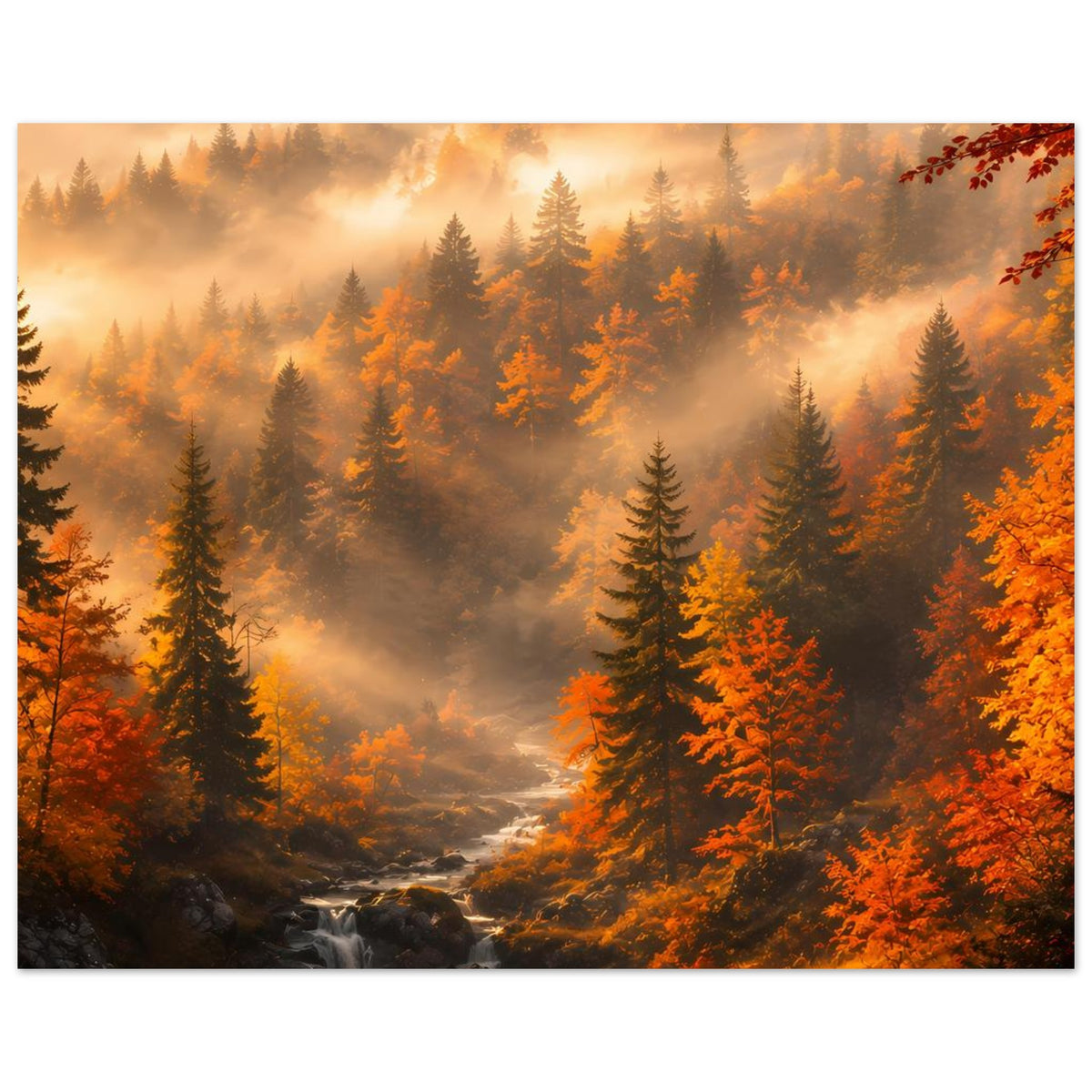 Herbstlandschafts-Poster mit Bach und Wasserlauf, Tannen im Nebel und roten Herbstzweigen