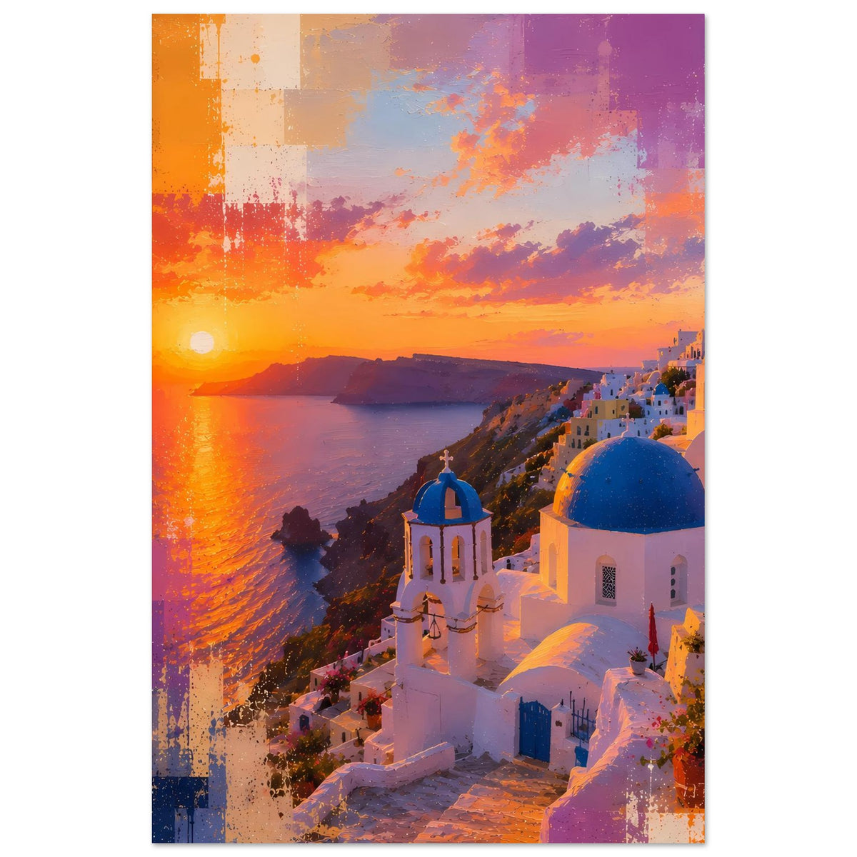 Poster: Küste im Sonnenuntergang, blaue Kirchenkuppel, orange, violette und blaue Farbflächen