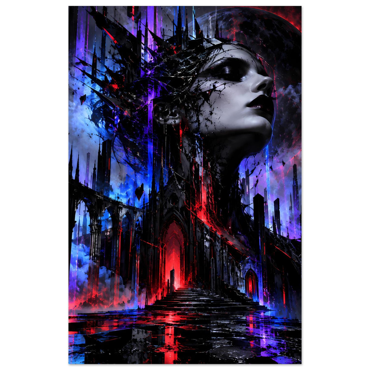 Gothic-Fantasy-Poster mit Profilgesicht, Neonblau und Neonorot über gotischer Stadt