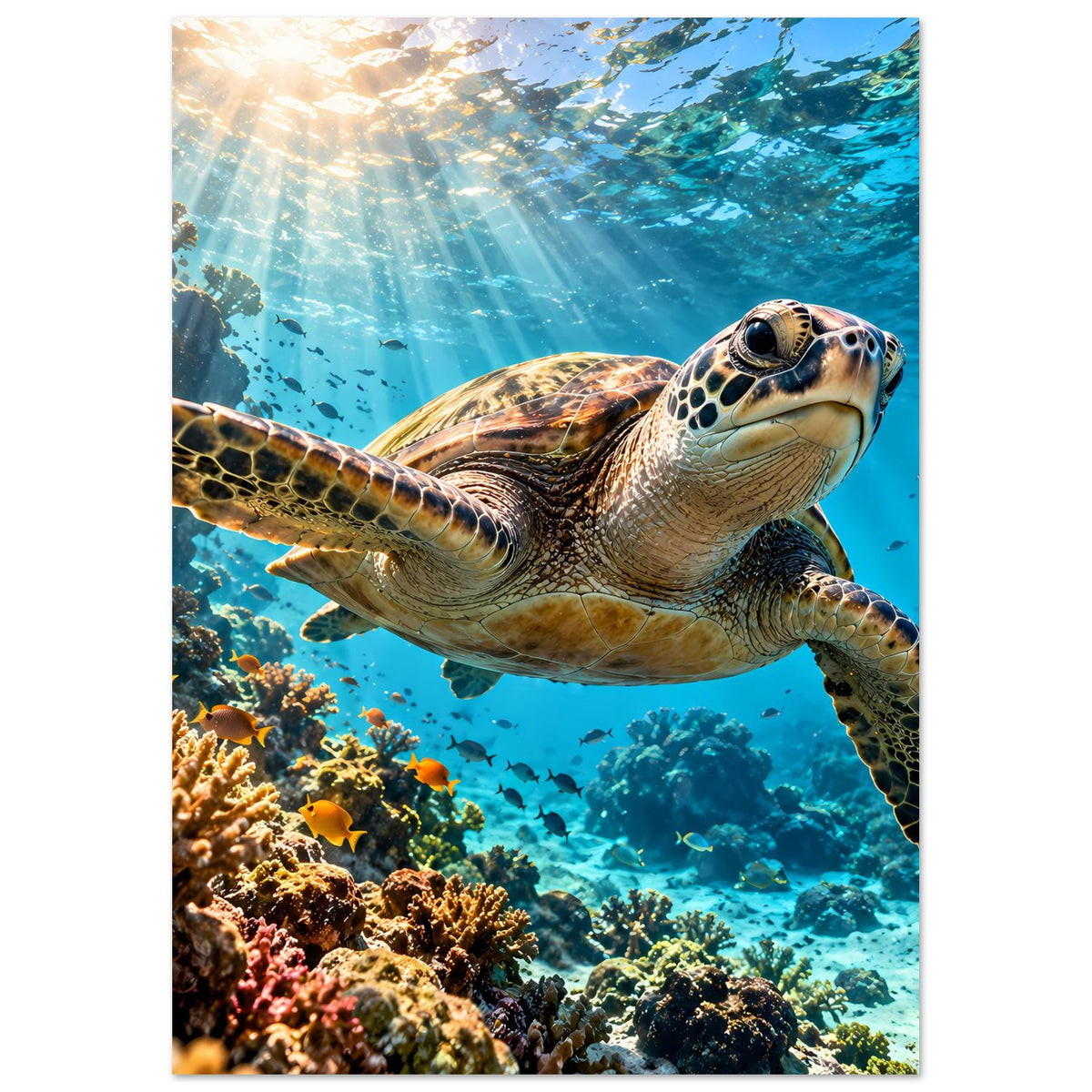 Hochformat-Poster mit schwimmender Meeresschildkröte, klares Blau des Ozeans und Korallen.