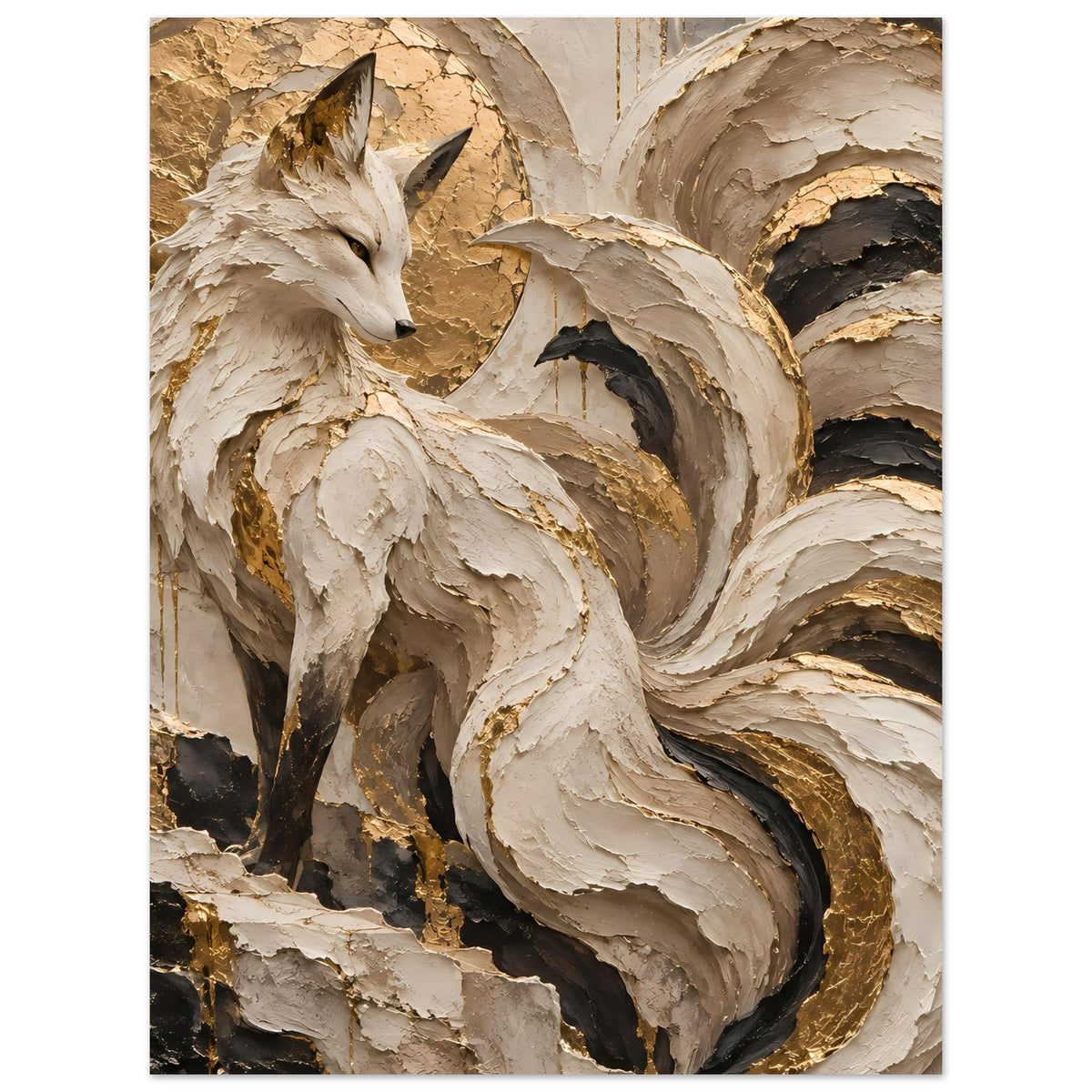 Kunstposter im Hochformat: Fuchs in Cremefarben mit goldenen Details und dunklen Schatten