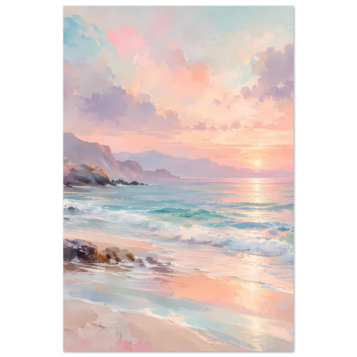 Hochkant-Poster mit Strand und Meer im Pastell, Sonnenuntergang mit Wolken