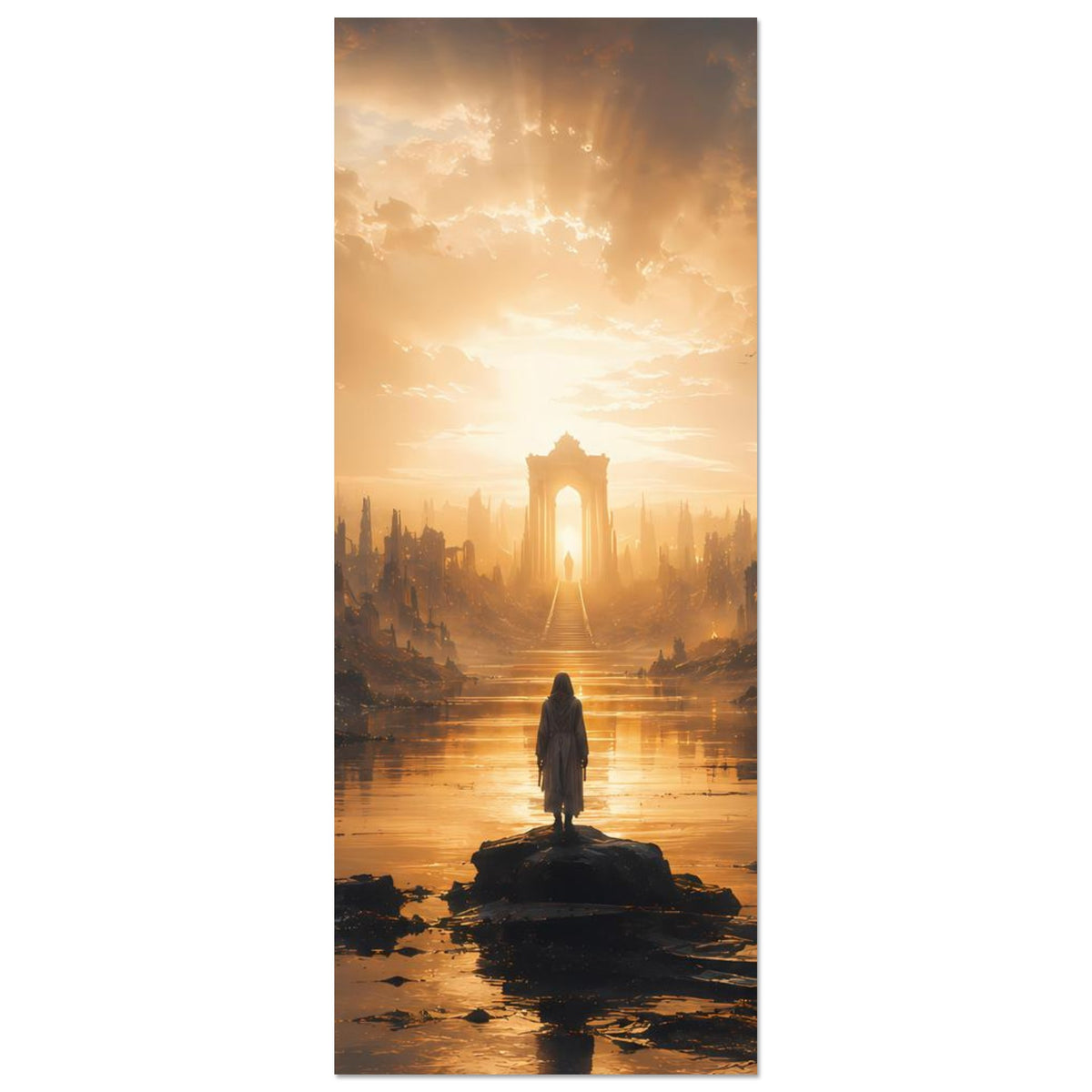 Postapokalyptisches Stadtlandschafts-Poster, hochkant: goldener Himmel, Fluss und Figur auf Sockel.