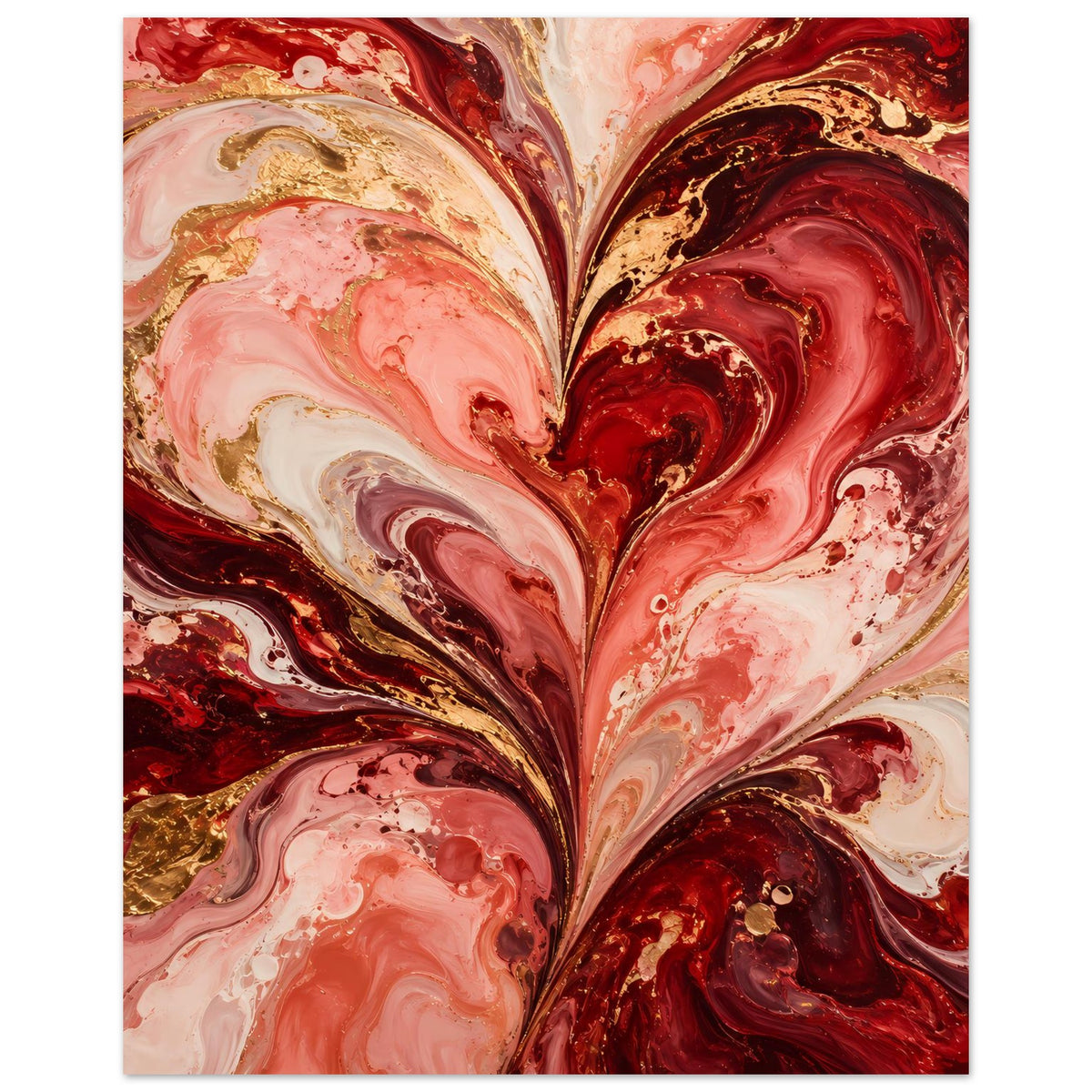 Abstraktes Herz-Liebesposter, rot-rosa mit goldenen Akzenten und marmorierter Struktur.