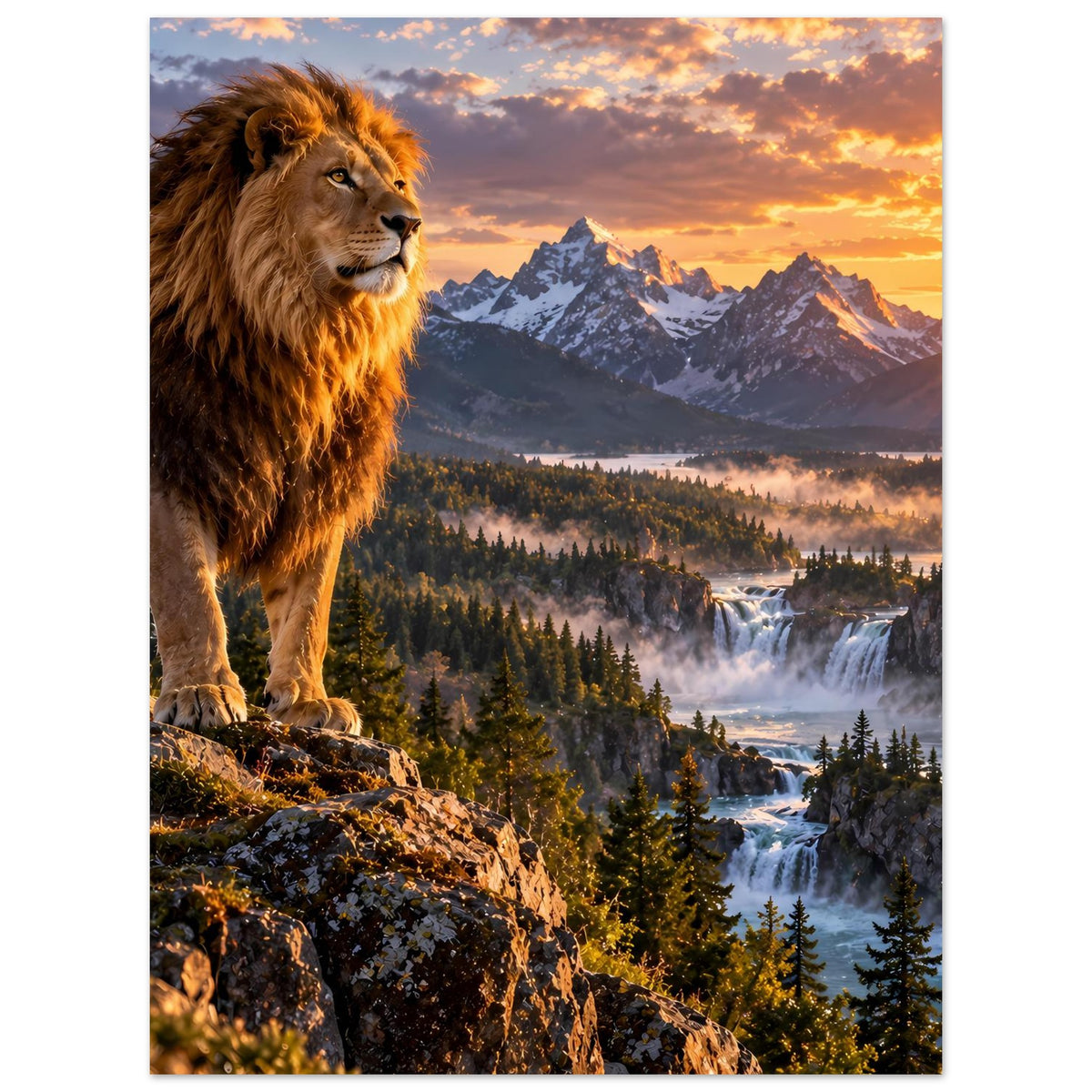 Poster mit braunem Löwenkopf links und Berglandschaft mit Wasserfall im Sonnenuntergangslicht