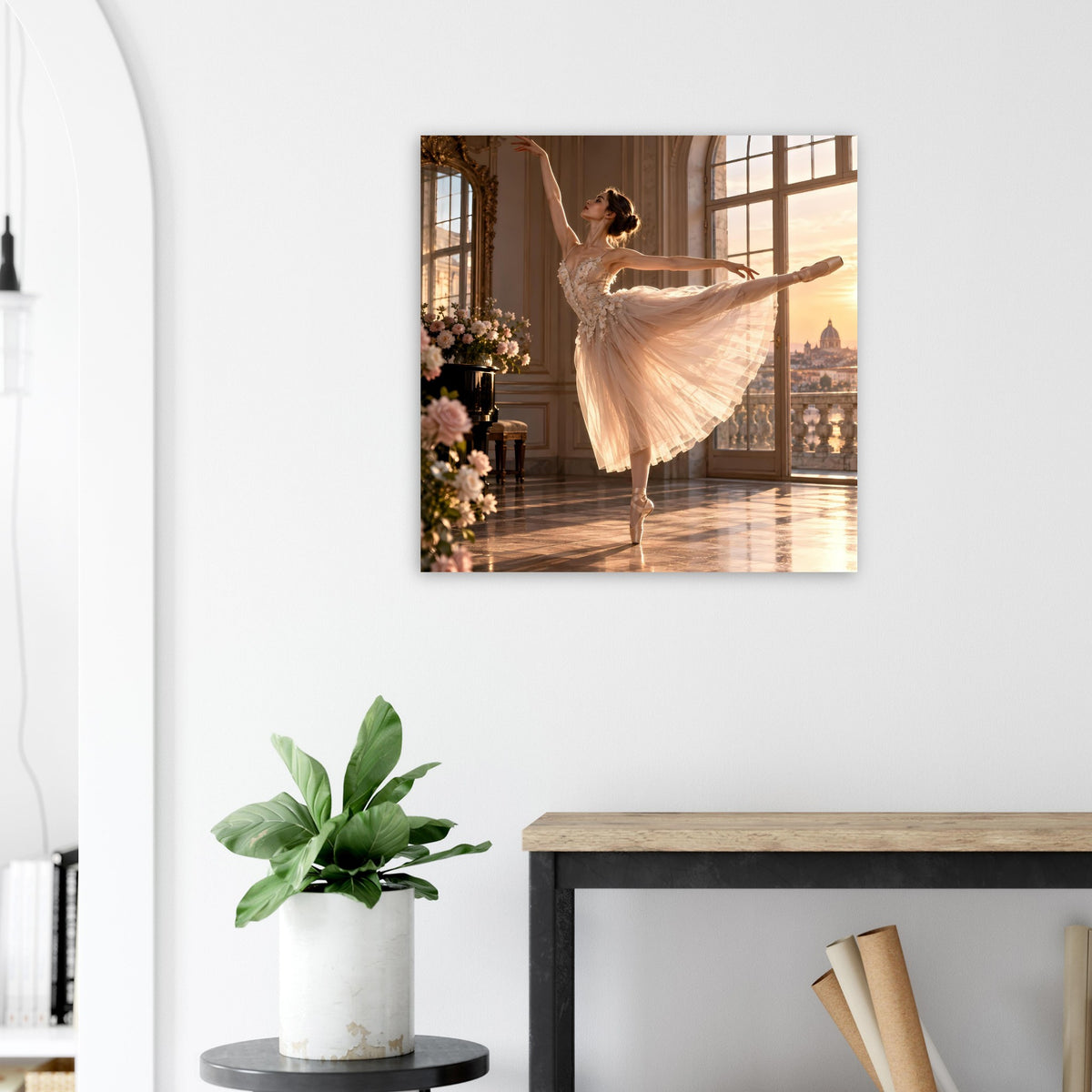 Poster: Ballerina im weißen Tüllkleid mit ausgestrecktem Arm, warmes Licht durch Fenster