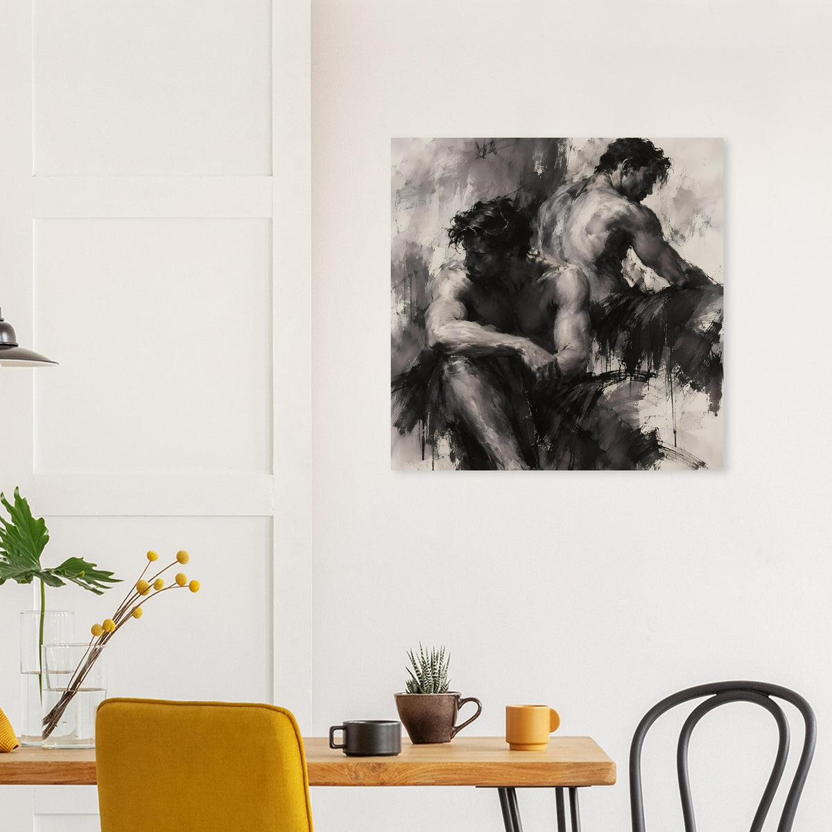 Monochromes Kunstposter: Schwarz-Weiß-Motiv mit ineinanderliegenden Figuren und Fleckstruktur