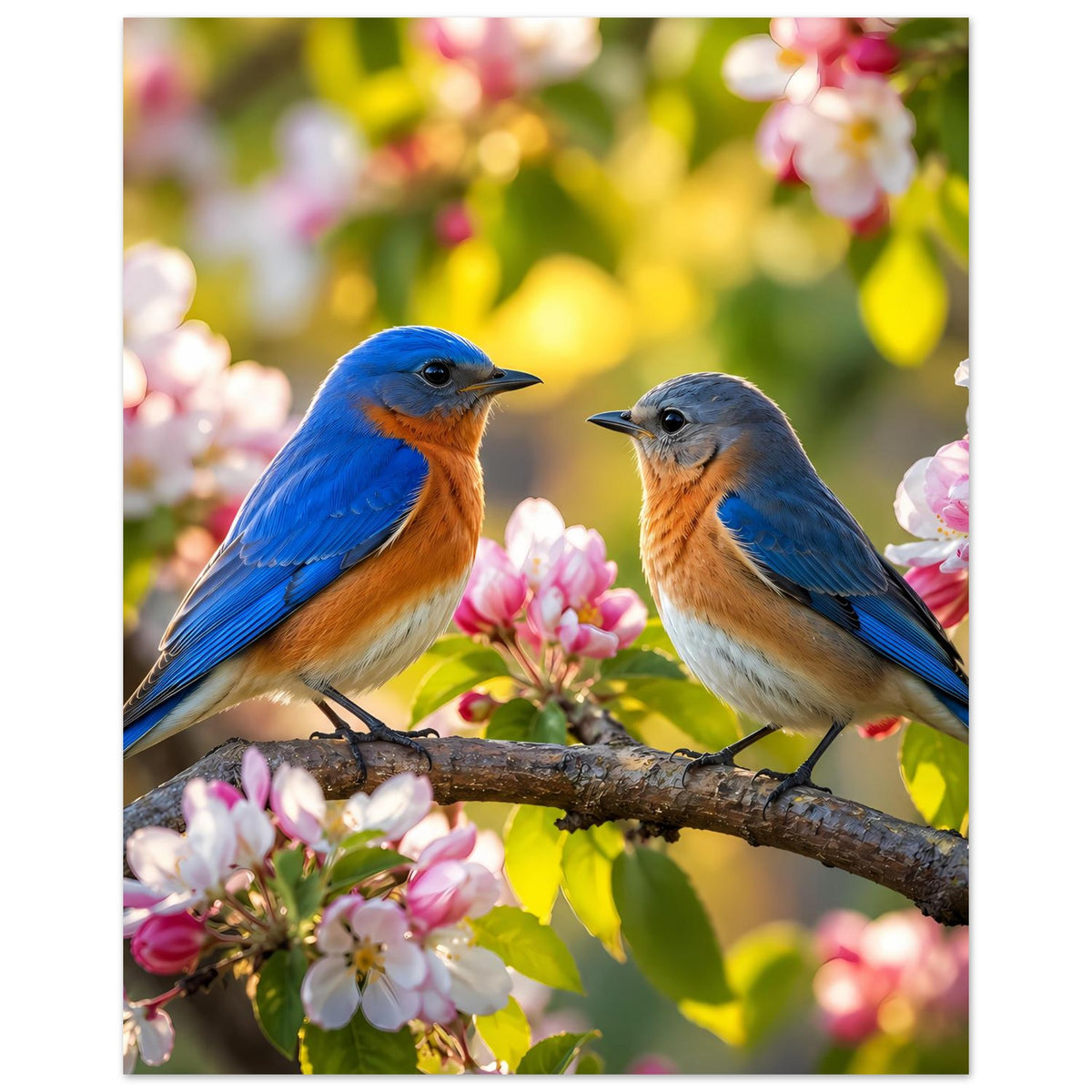 Poster im Hochformat mit zwei Blaumeisen auf einem Ast zwischen rosa Blüten