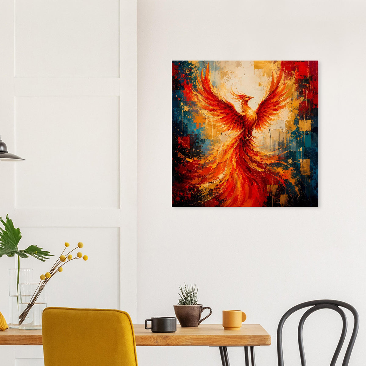 Quadratisches Wandposter mit leuchtendem Phönix, orange-rote Flügel und blaue Flächen