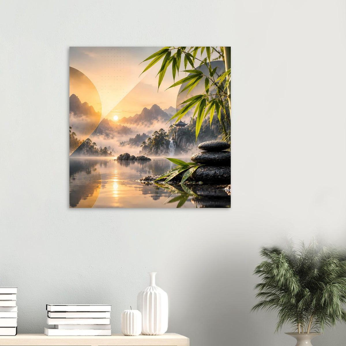 Zen-Bergsee-Poster mit Sonnenaufgang, Bambuszweigen und Steinstapel am Ufer
