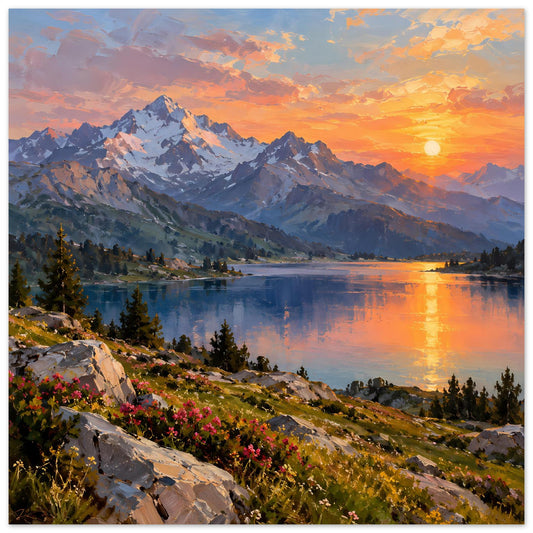Poster: Sonnenuntergang am Bergsee, orange Himmel, Berge, Spiegelung im Wasser und Blüten