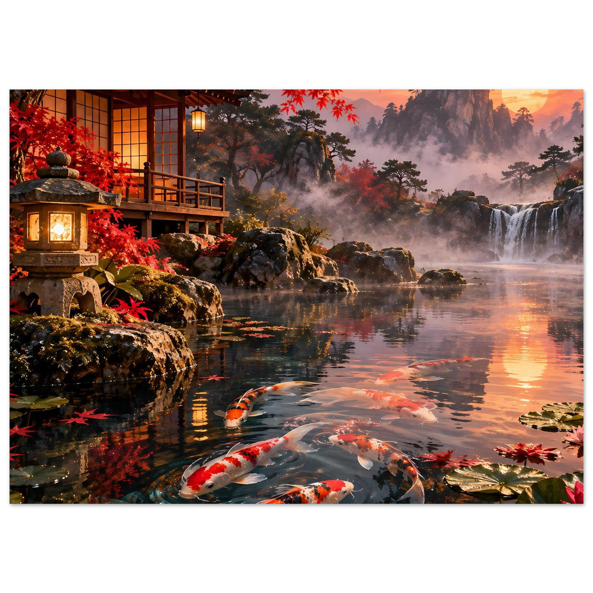 Horizontales Poster mit Koi-Fischen im Wasser, Felsenrand und Wasserfall im Hintergrund