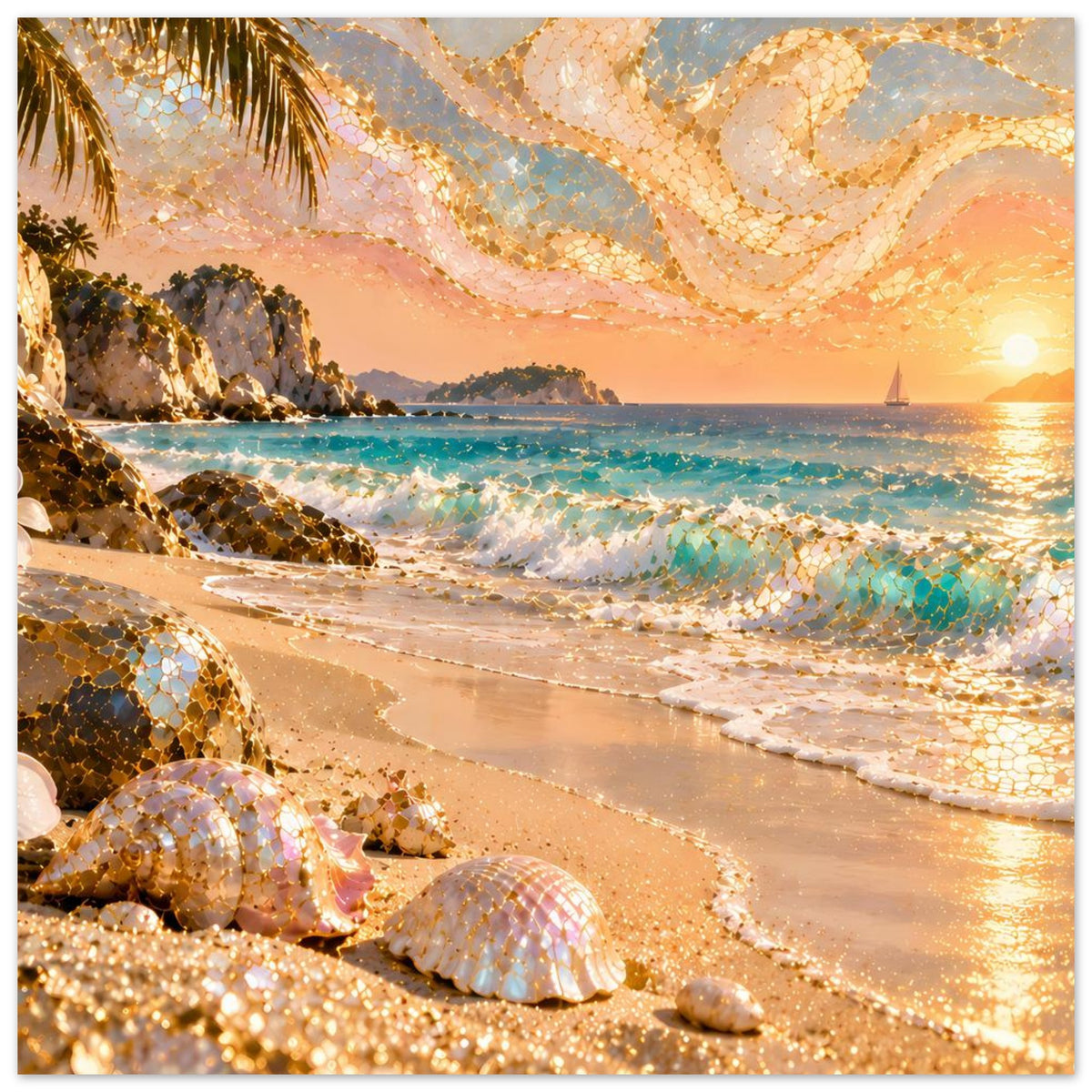 Strandlandschafts-Poster mit goldenen Mosaikakzenten: Wellen vor Felsbrocken und Muscheln