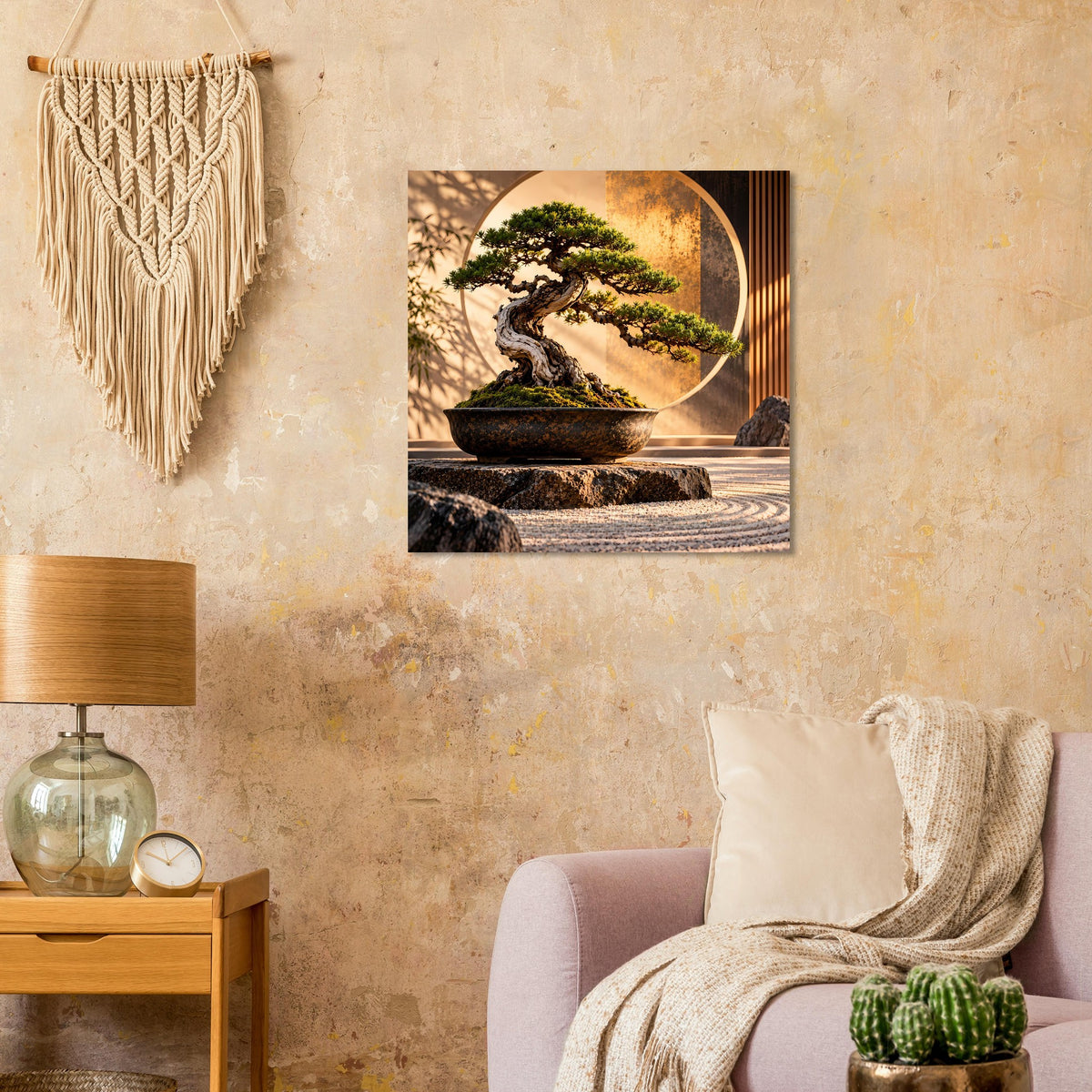 Bonsai-Zen-Garten-Poster, quadratisch: Bonsai im dunklen Pflanzschale vor Steinweg