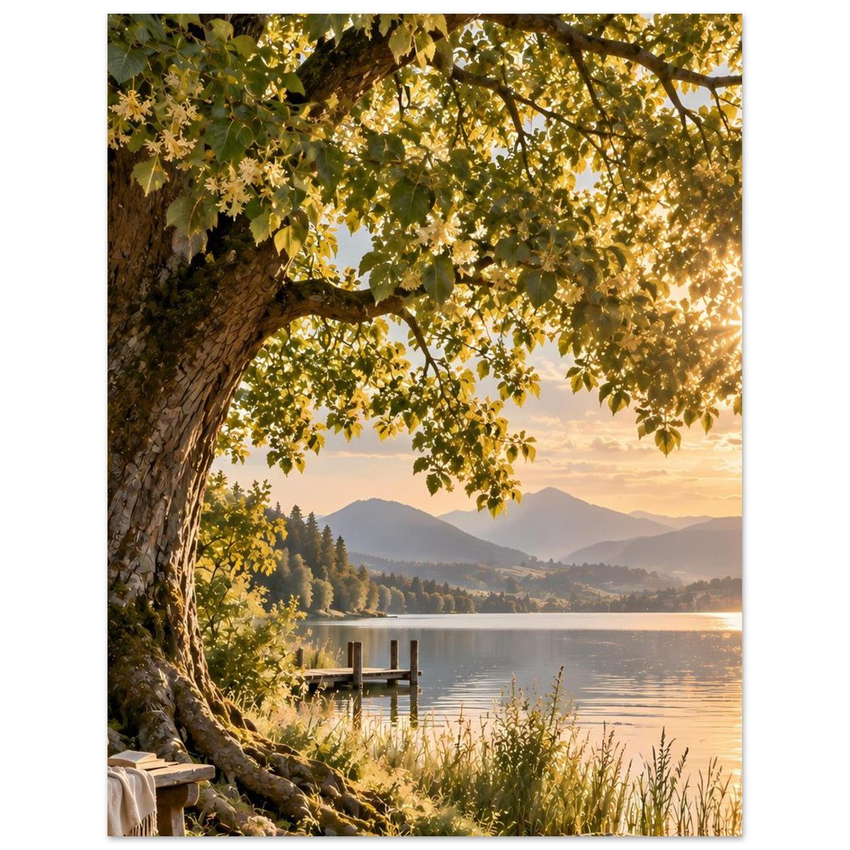 Naturposter im Hochformat: alter Baum am Seeufer, Blätter im warmen Licht, Steg sichtbar