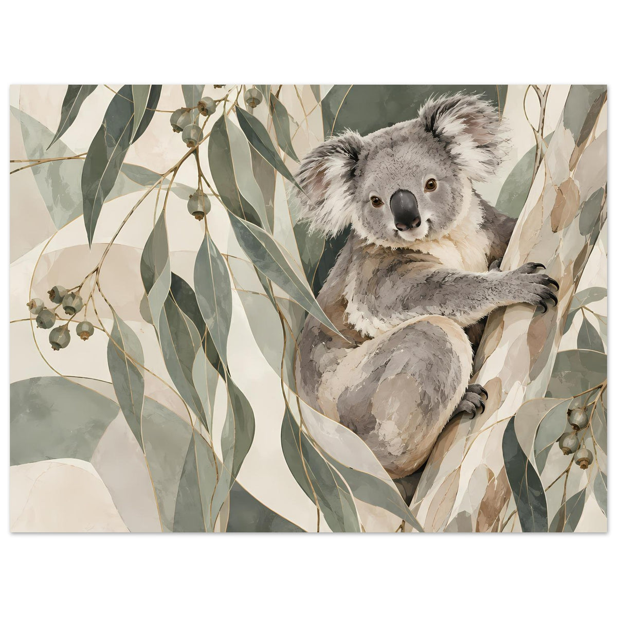 Koala-Porträtposter querformat mit Blättern in Erdtönen, Koala schaut nach vorn