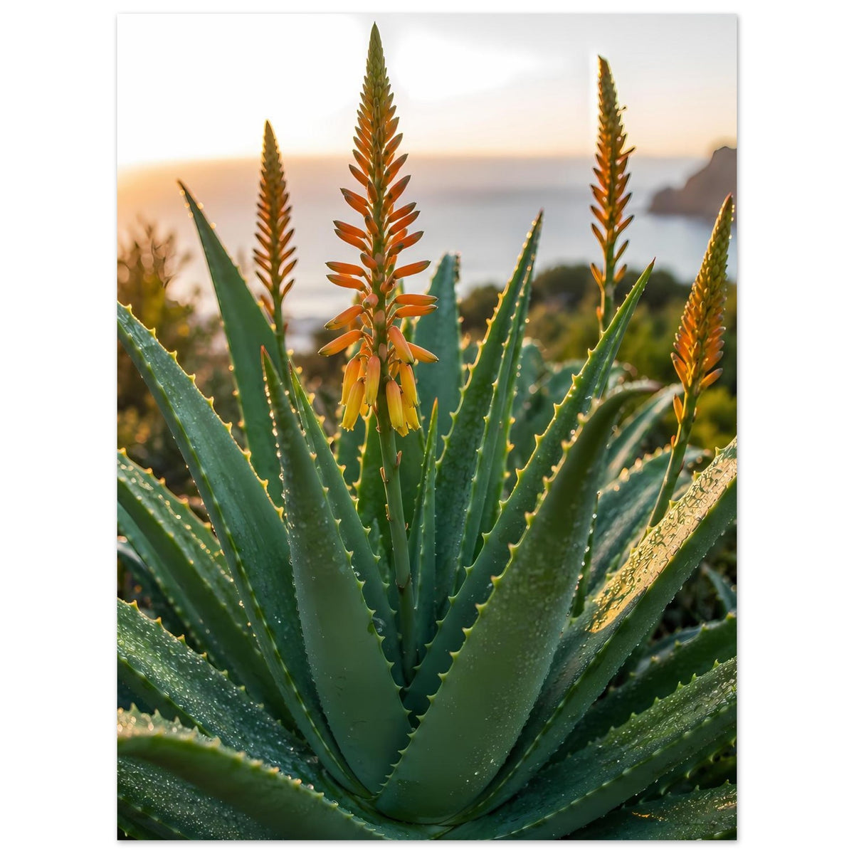 Poster im Hochformat mit Aloe-Pflanze, grüne Blätterkrone und gelb-oranges Blütenzentrum