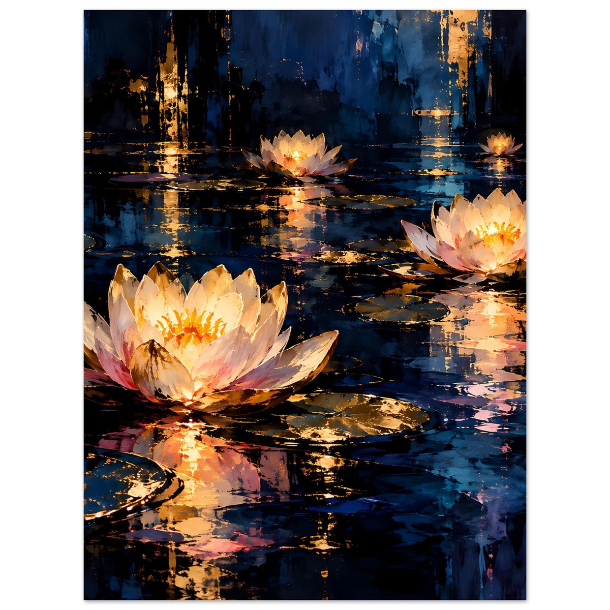 Blumenposter mit drei Seerosen, warmen Goldtönen und Reflexen auf dunklem Wasser