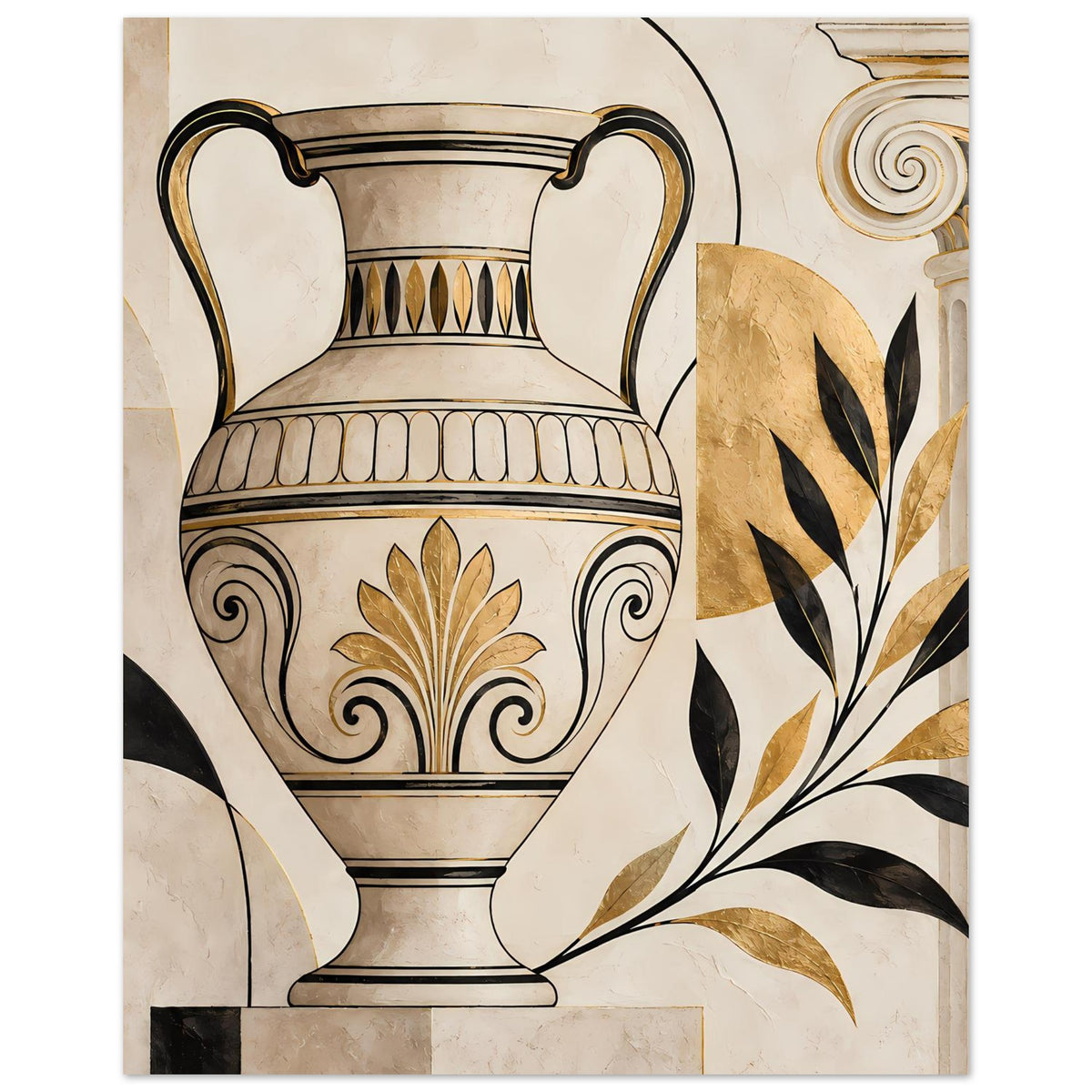 Wandposter: Amphore mit goldfarbenem Medaillon, schwarze Blattzweige, Spiralen rechts.