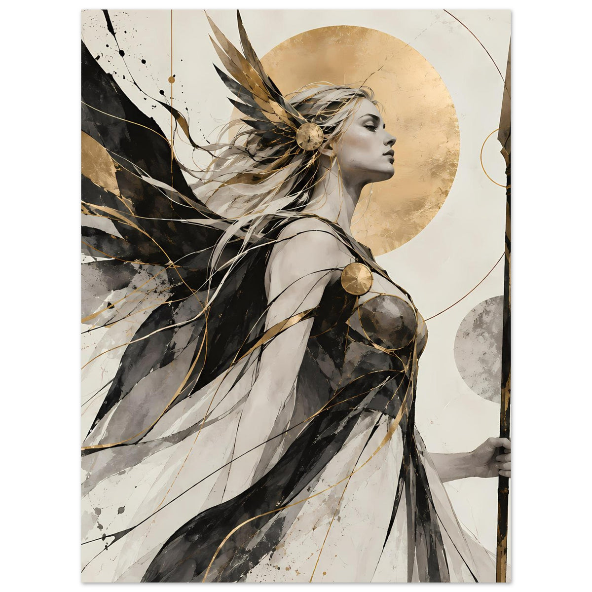 Kunstposter Kriegerin im Profil, goldener Kreis hinter dem Kopf, Speer rechts, schwarz-grau