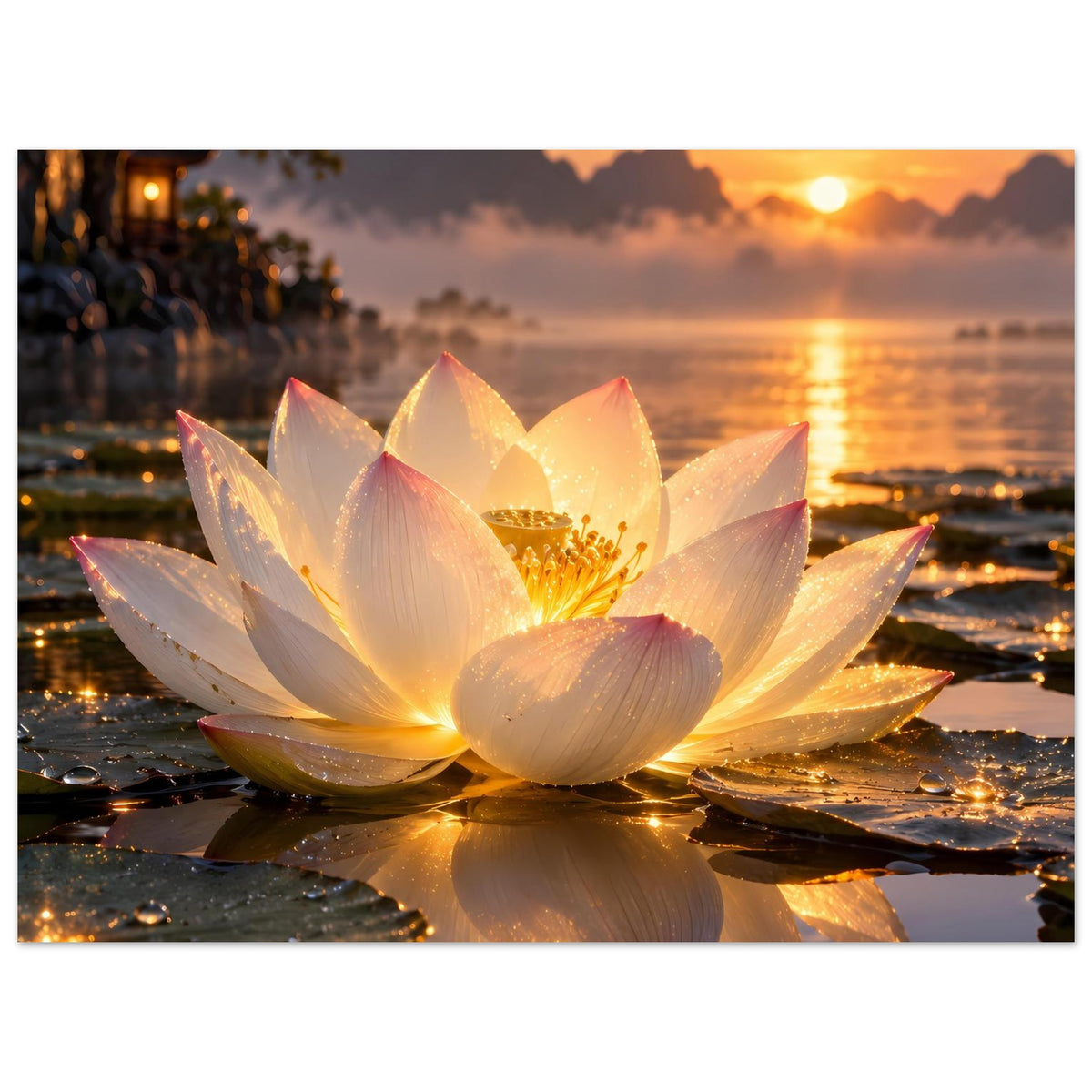 Poster mit großer Lotusblüte, goldener Mitte und weißen Blütenblättern in weichem Licht