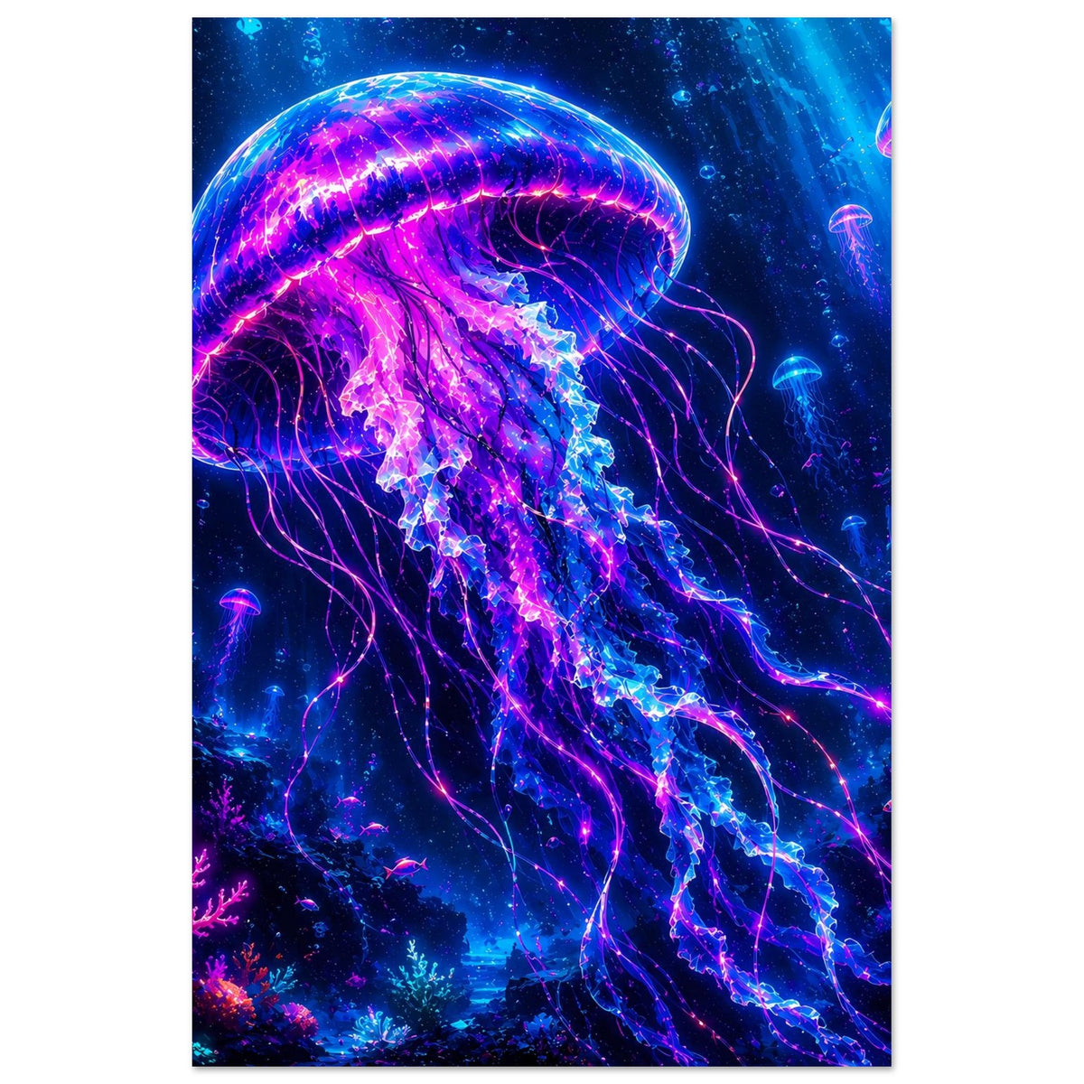 Poster mit leuchtender Qualle, violette Tentakelspitzen mit blauem Lichtakzent