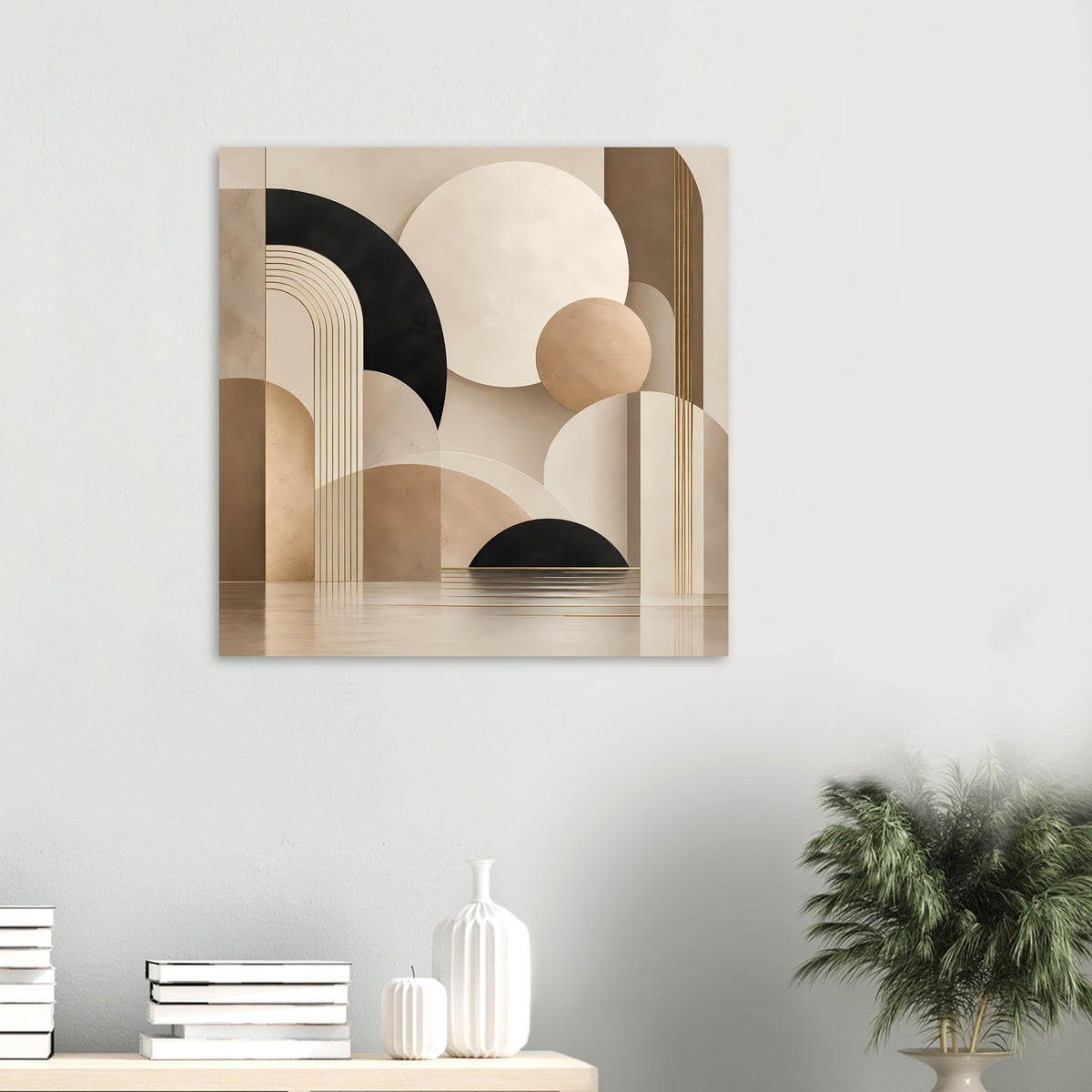 Abstraktes Kunstposter: geometrische Bögen, Kreise und goldene Streifen im Rahmen.