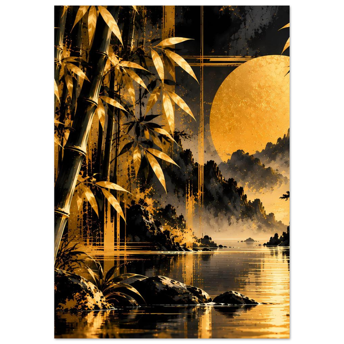 Vertikales Poster: Bambuszweige, goldene Akzente, Mond über ruhigem See