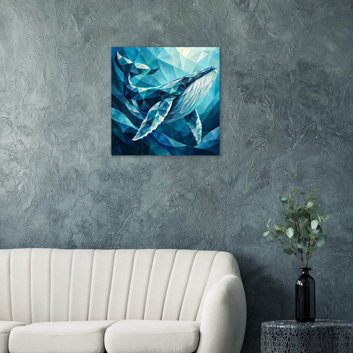 Wandposter mit geometrischem Blauwal in Blau/Aquamarin auf grauer Wand