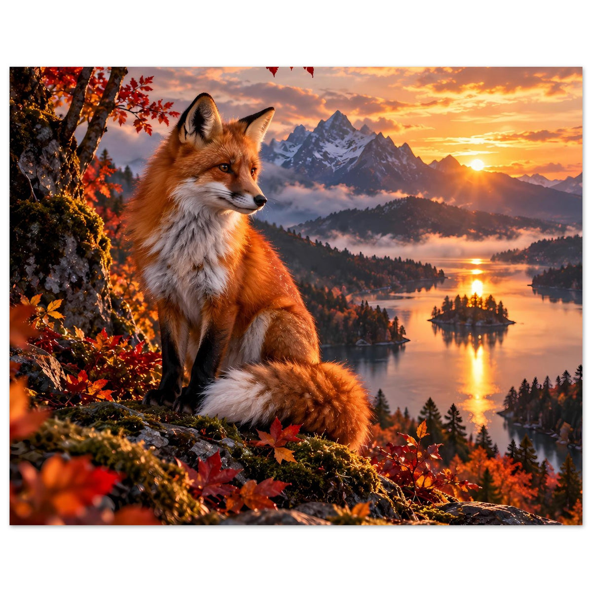 Breitformatiges Herbst-Wildnisposter: roter Fuchs auf Felsen vor Sonnenuntergang