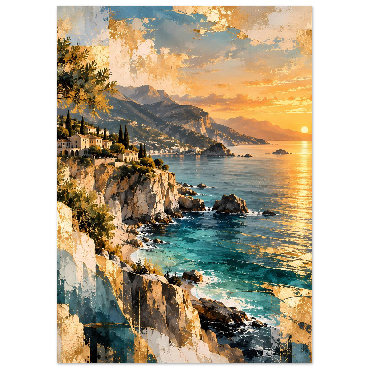Poster mit Meerblick: Felsküste, türkisfarbene Wellen und orange-gelber Sonnenuntergang