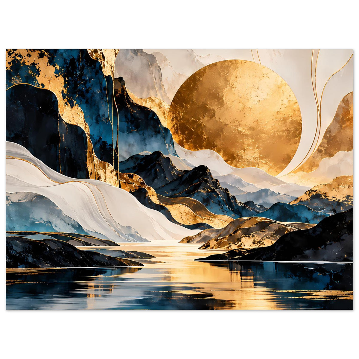 Kunstposter: abstrakte Gebirgskulisse mit goldenem Mondkreis und reflektierendem Fluss