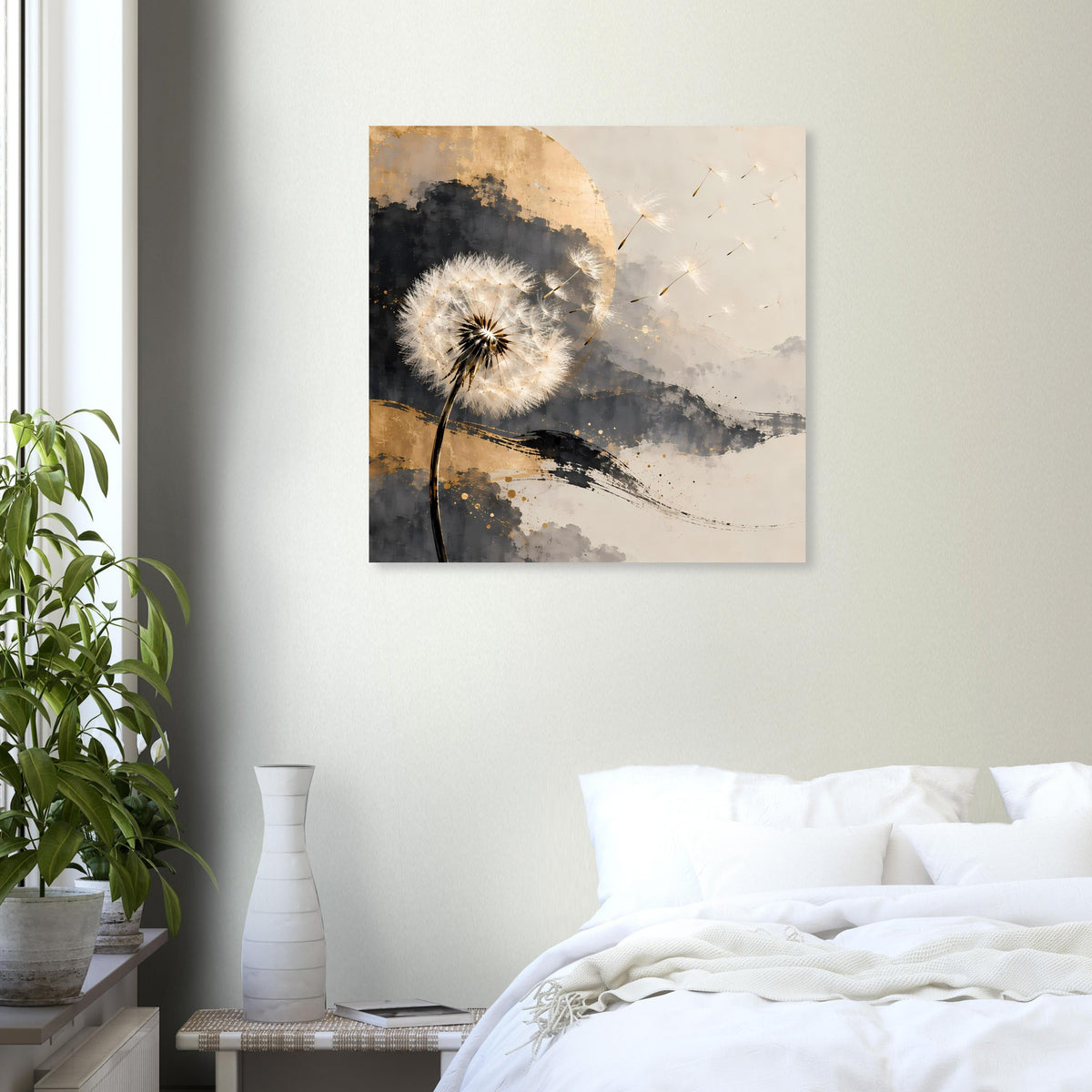 Kunstposter im Quadratformat: Pusteblume mit goldfarbener Lichtkante und grauem Hintergrund