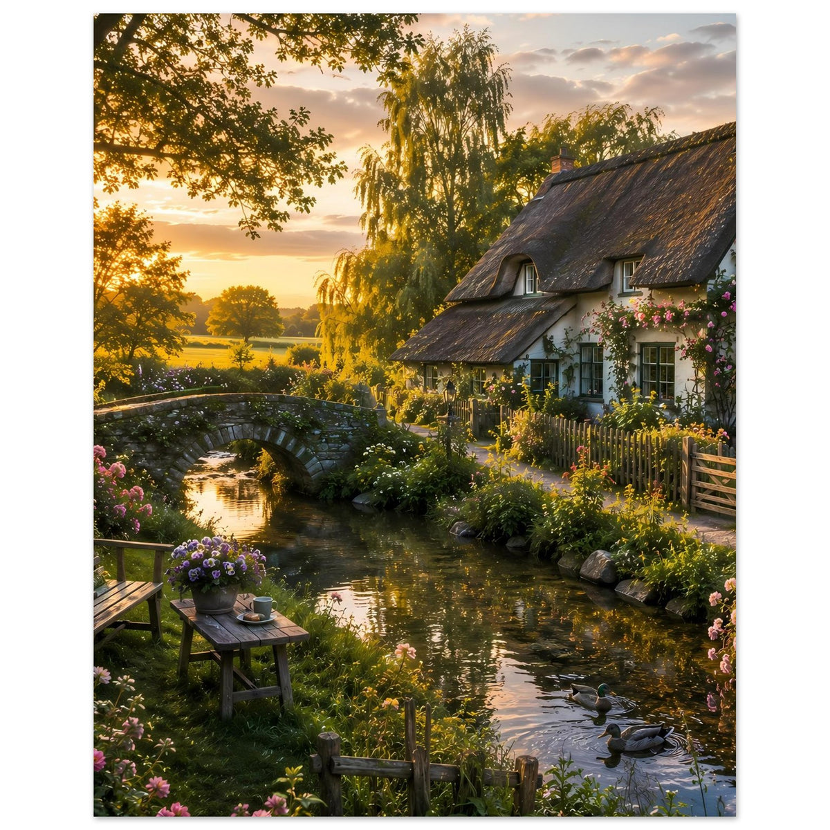Poster mit Bach, Steinbogenbrücke und Landhaus mit Reetdach, Blumenbeete und Enten am Ufer