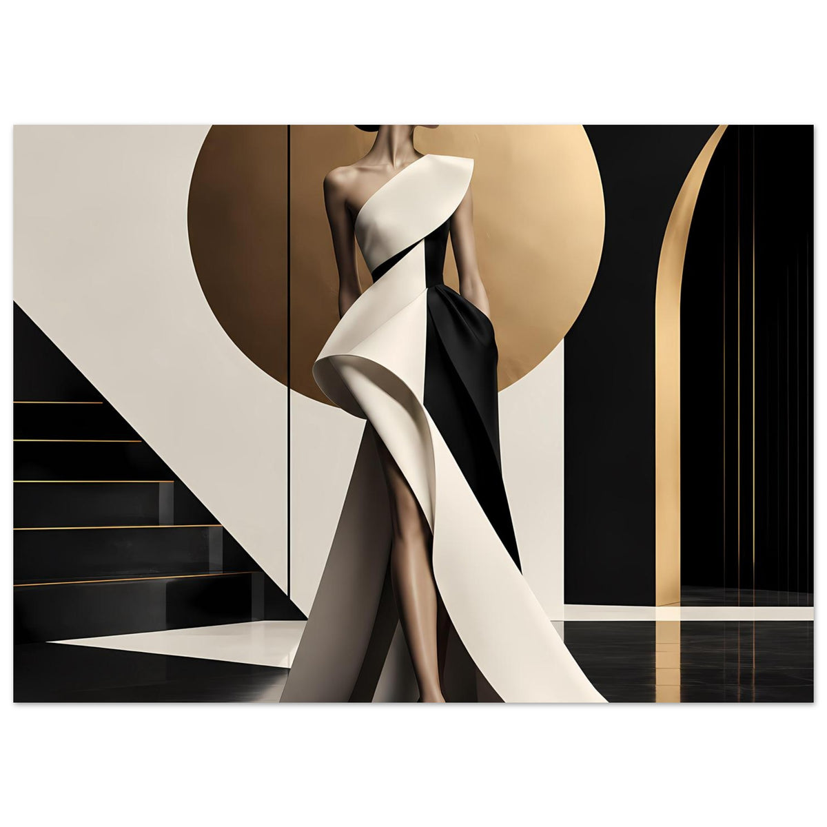 Fashion-Poster mit stehender Frau, weißer Schleppe und schwarzem Akzent am Kleid