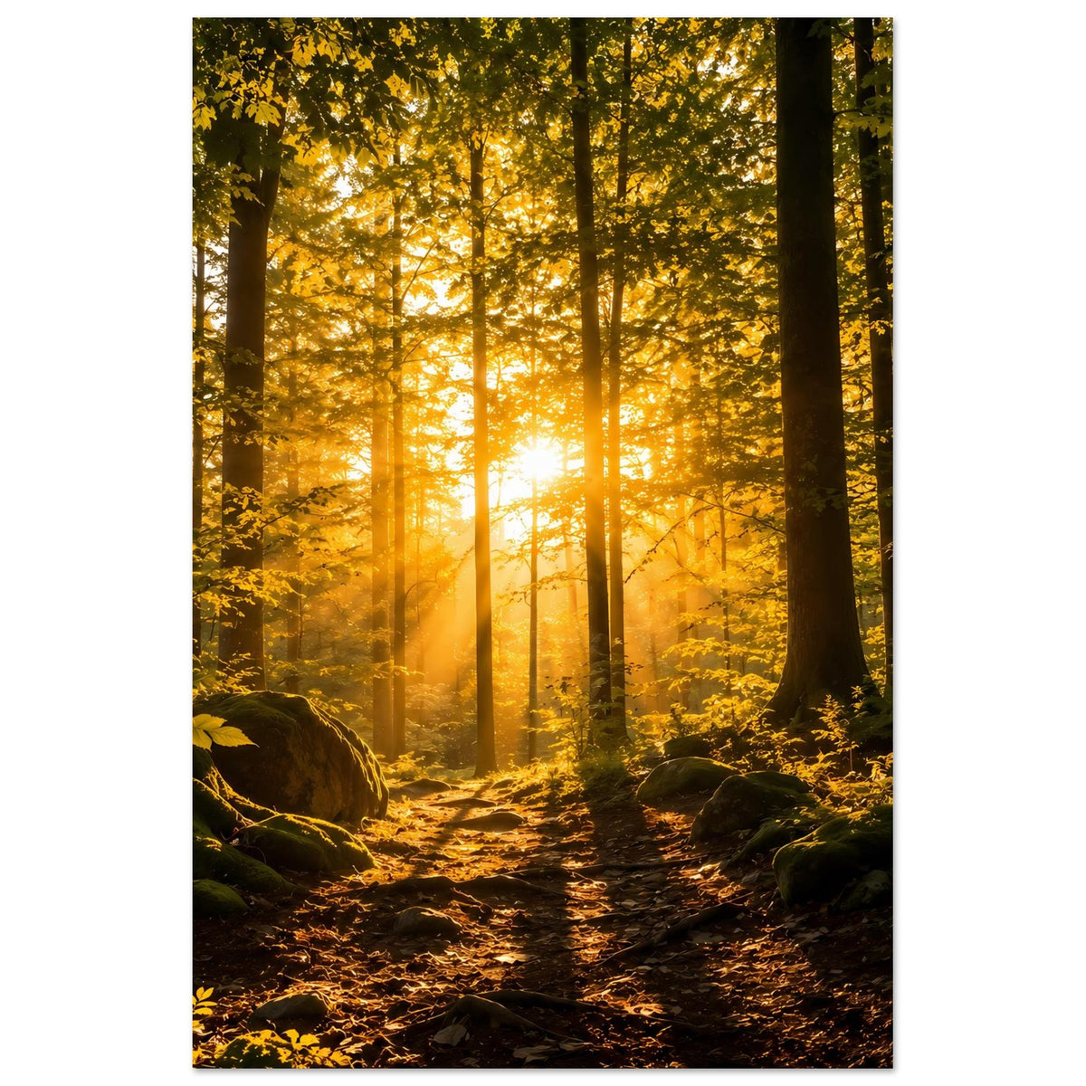 Poster mit Waldweg im Morgenlicht, starke Sonnenstrahlen, hohe Bäume, hochformat