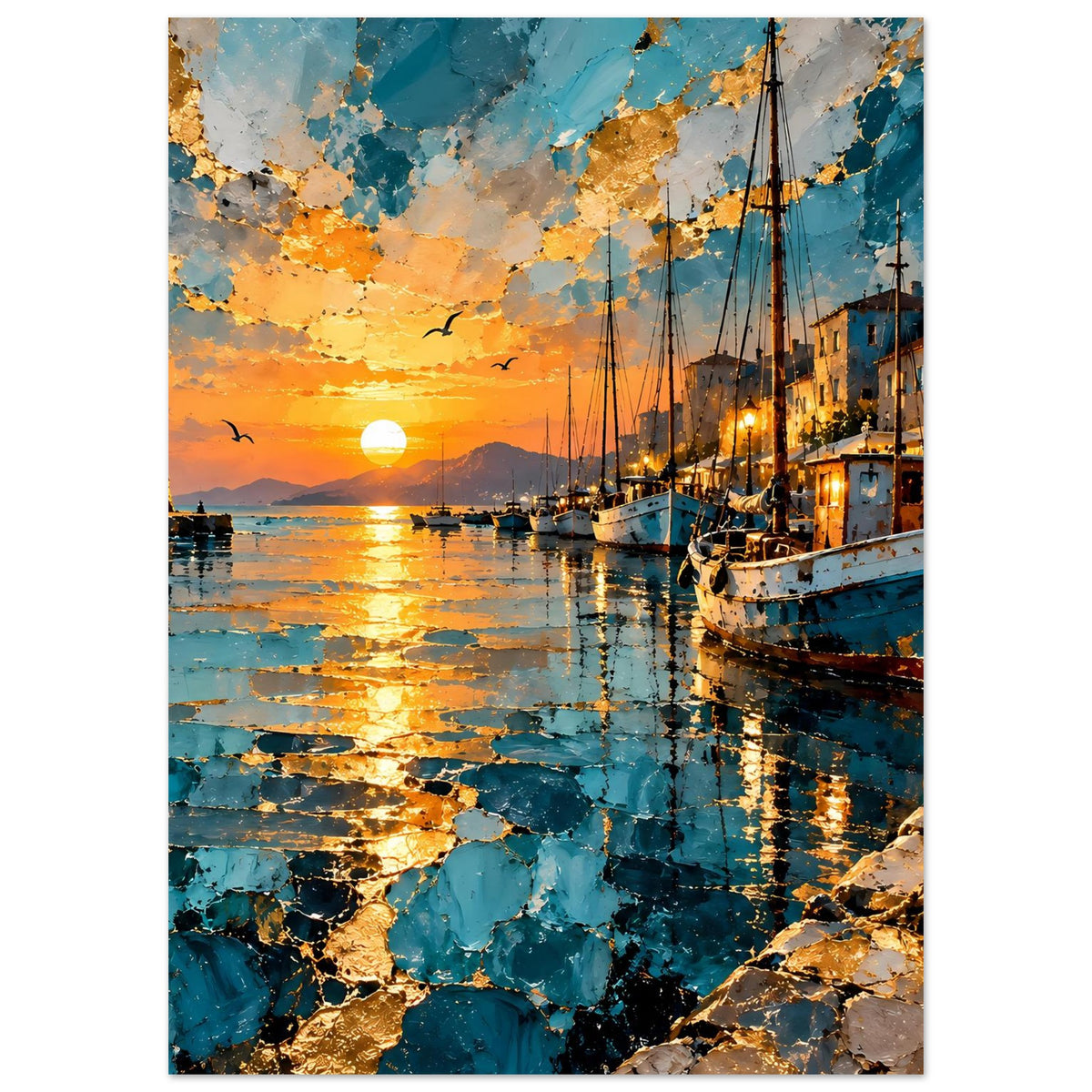Kunstdruck Poster im Hochformat: Sonnenuntergang über Wasser mit Leuchtturm, Segelbooten und Goldspritzern.