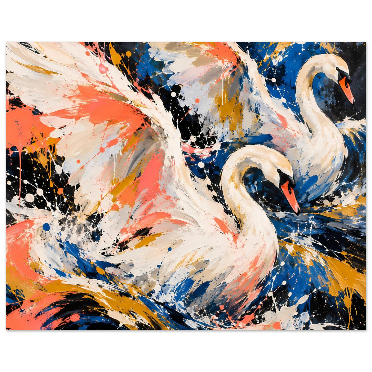 Kunstposter im Querformat: weißer Schwan mit Flügel, abstrakte Sprenkel in Koralle, Blau und Gold