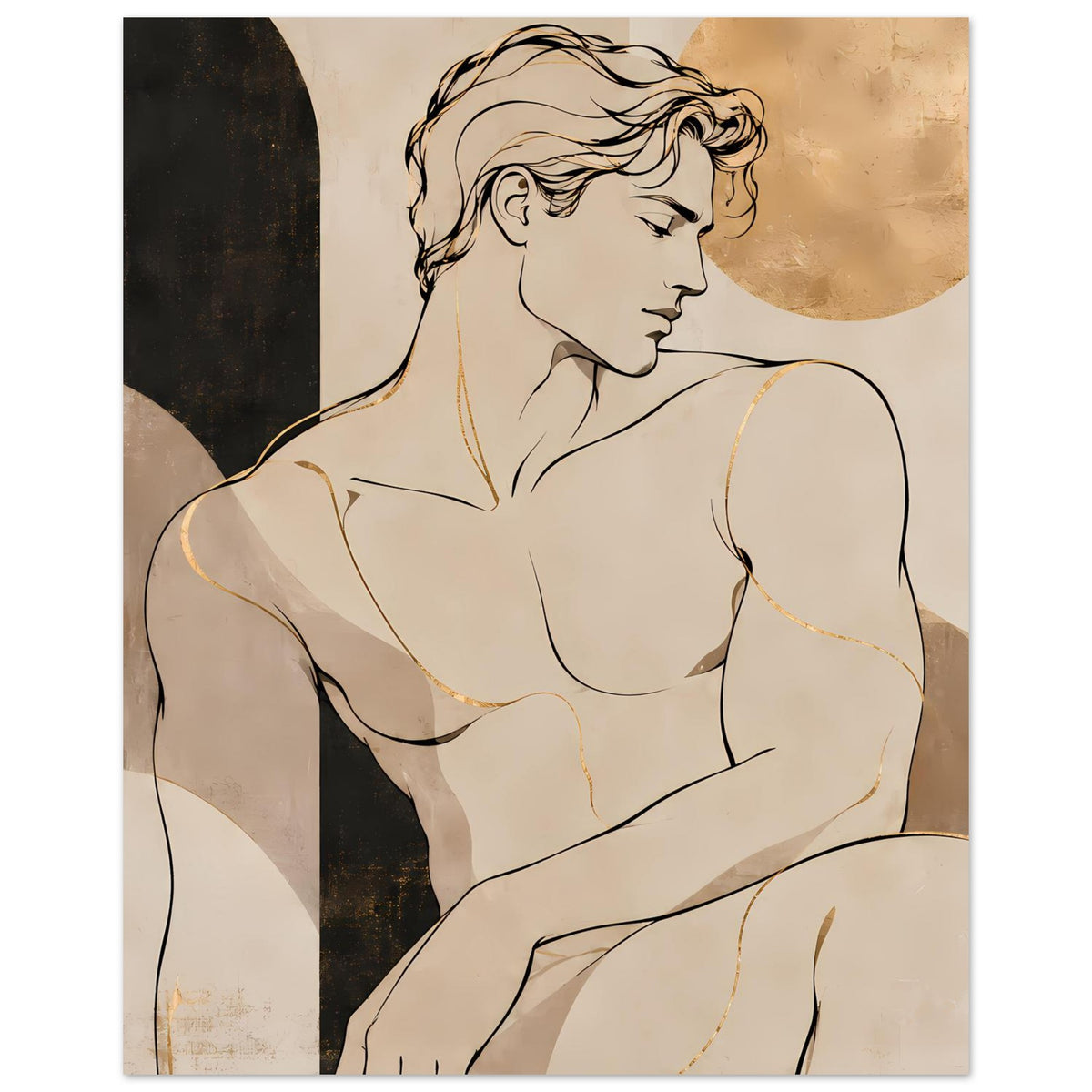 Kunstposter mit Aktfigur im Profil, warme Beige- und Brauntöne, goldener Halbkreis und Konturlinien