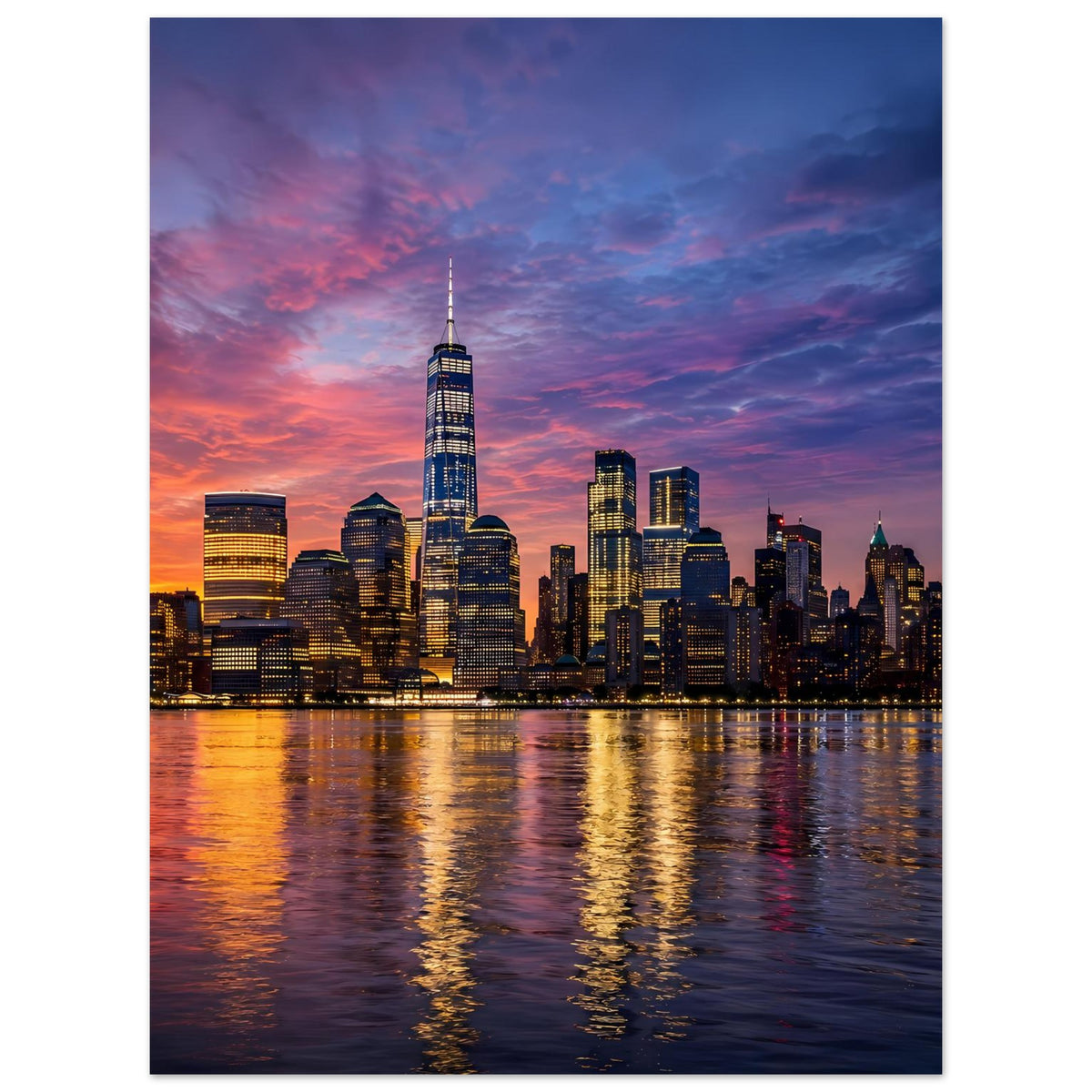 Poster mit New-York-Skyline bei Dämmerung, hohe Türme und goldene Wasserreflexe