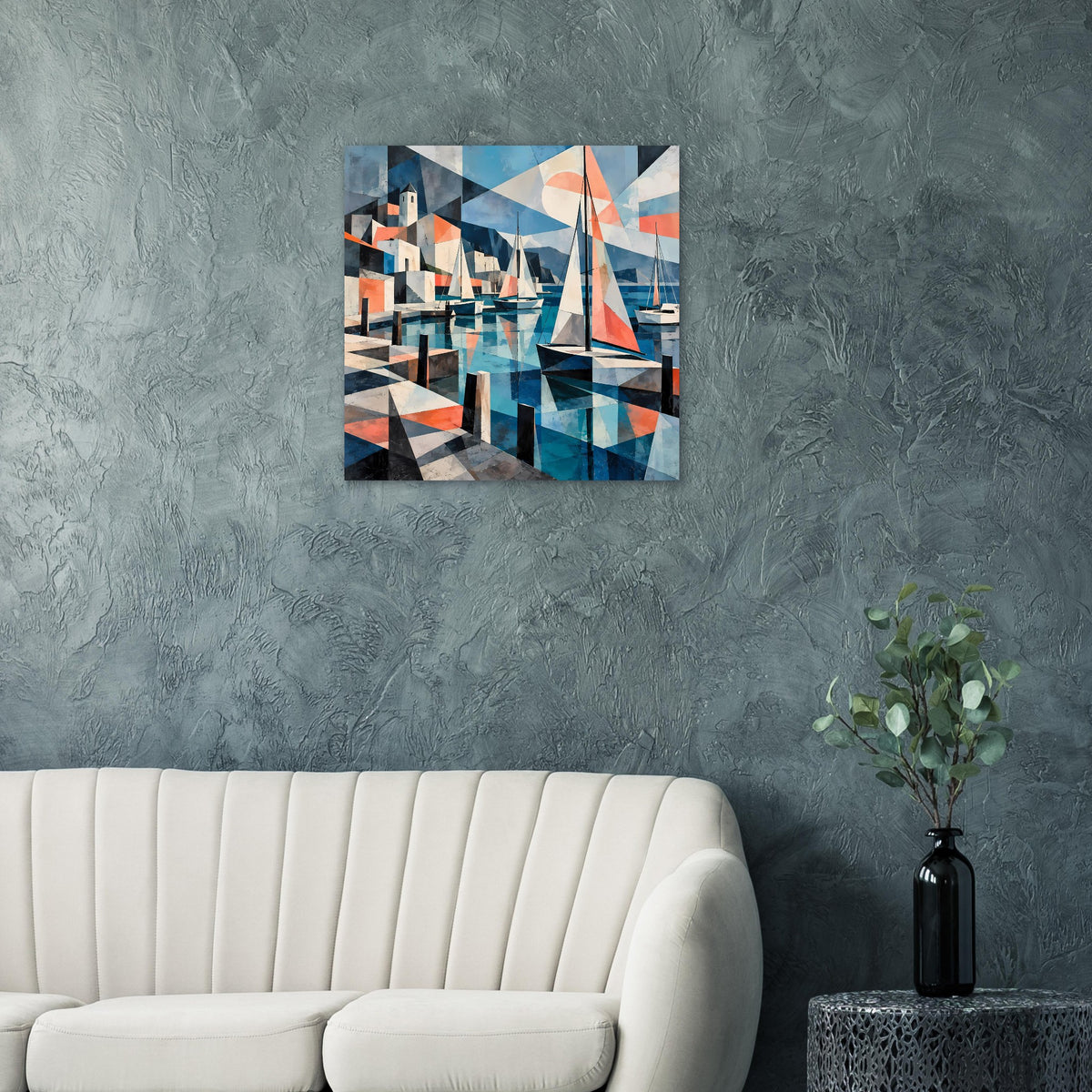 Quadratisches Poster mit abstraktem Hafen und Segelbooten in Blau- und Koralltönen