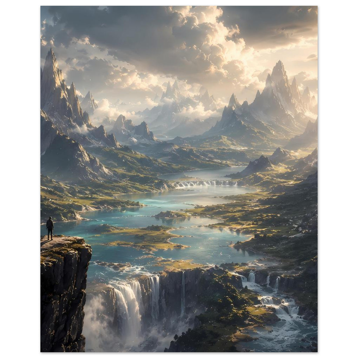 Gerahmter Berglandschaftsdruck mit Wasserfall, Fluss und Person auf Felsklippe links