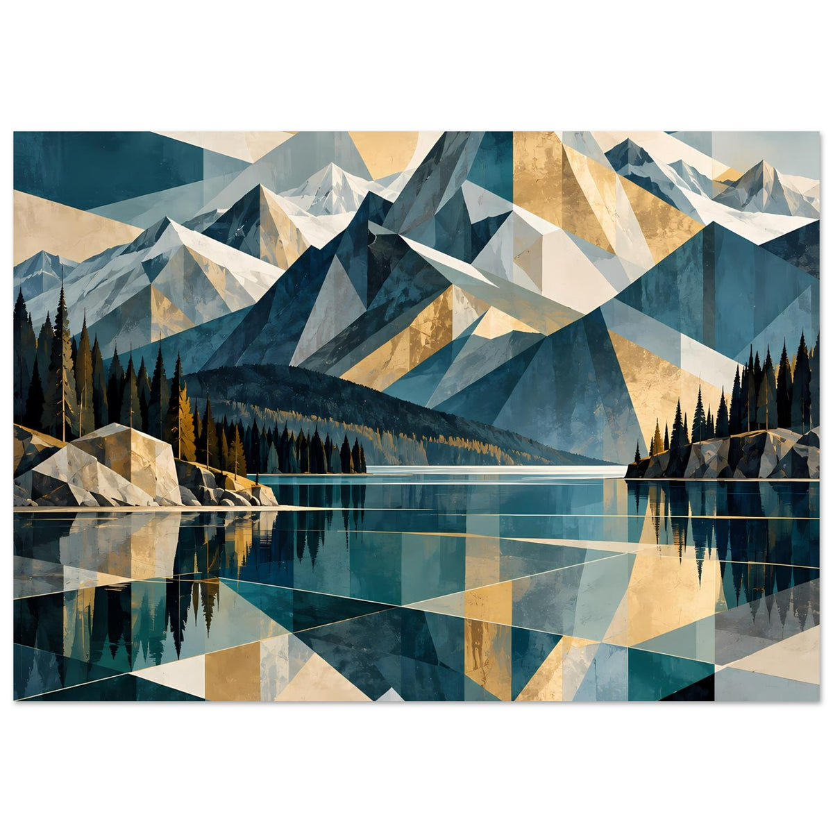 Wandposter im Querformat: geometrische Berge, See und Reflexion, Blau/Beige