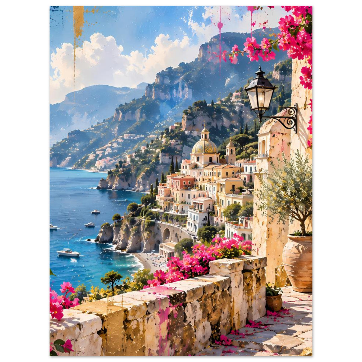 Poster mit mediterranem Küstenpanorama: Häuser am Hang, Meerblick und rosa Blüten