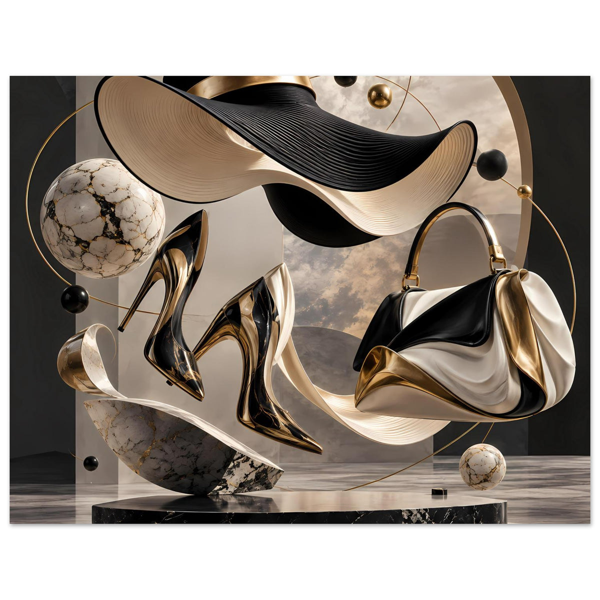 Modekunst-Poster mit abstrakten Schuhen und Tasche in Schwarz, Creme und Gold