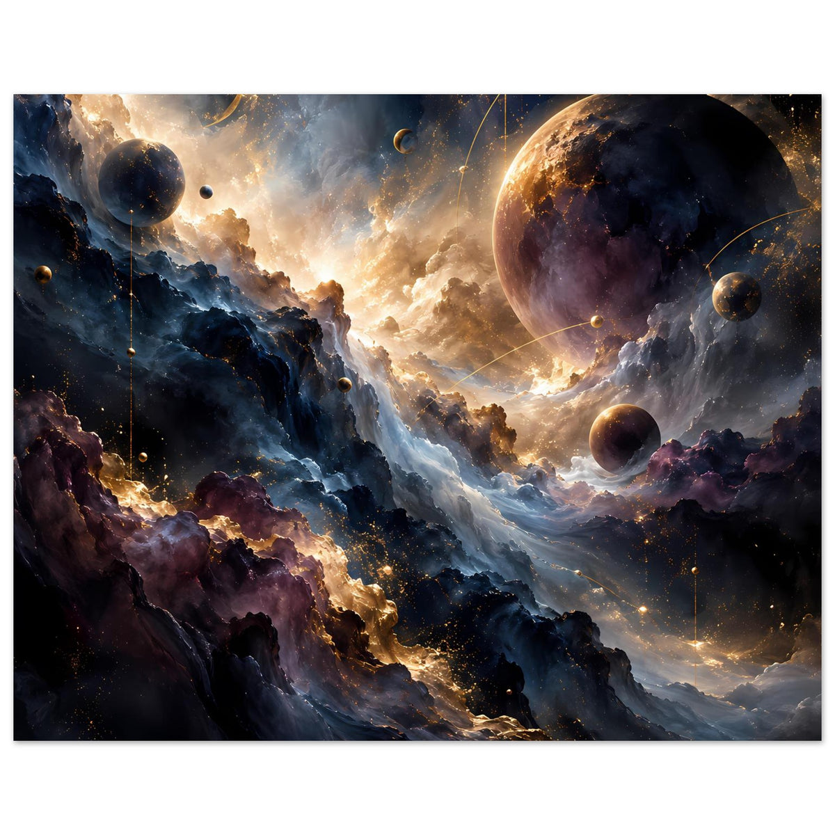 Weltraum-Kunstposter: große Planeten, schwebende Partikel und leuchtende Nebel im Dunkelblau