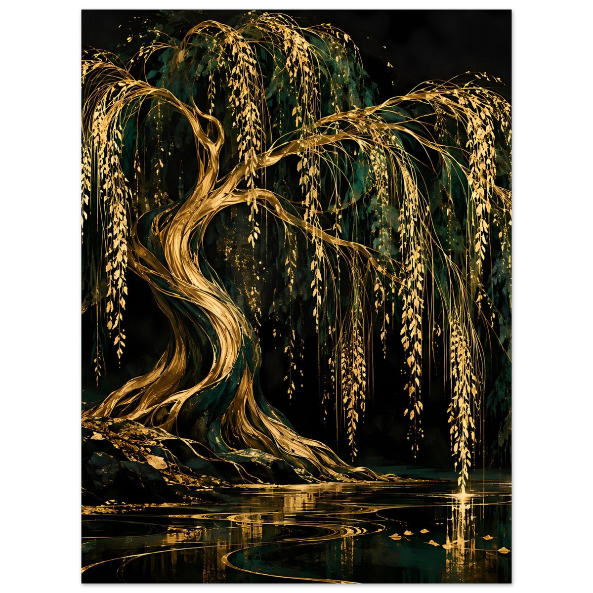Wandposter mit goldenen Weidenzweigen, dunklem Untergrund und Spiegelung im Wasser