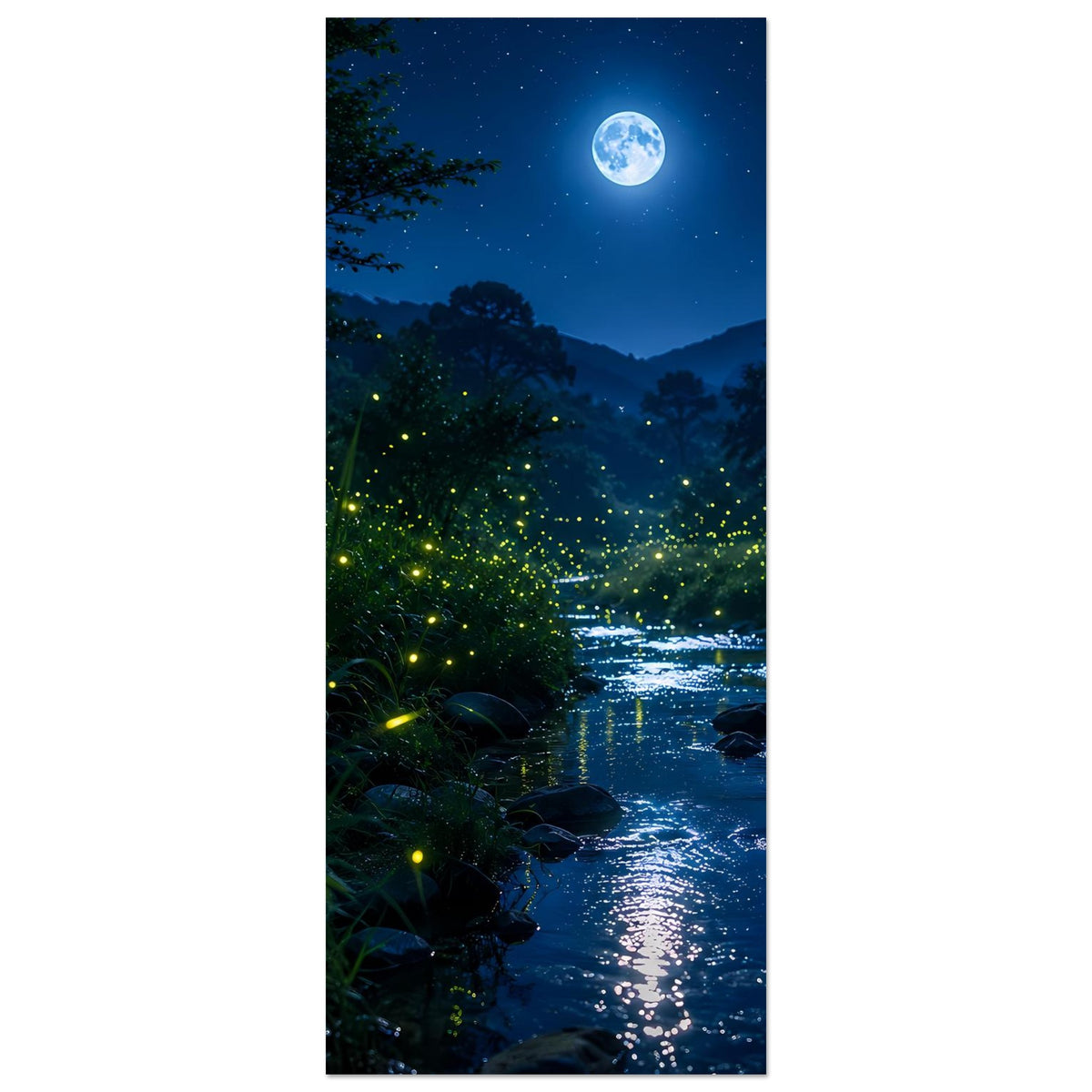 Poster im Hochformat: Waldfluss im Mondschein mit leuchtenden Glühwürmchen