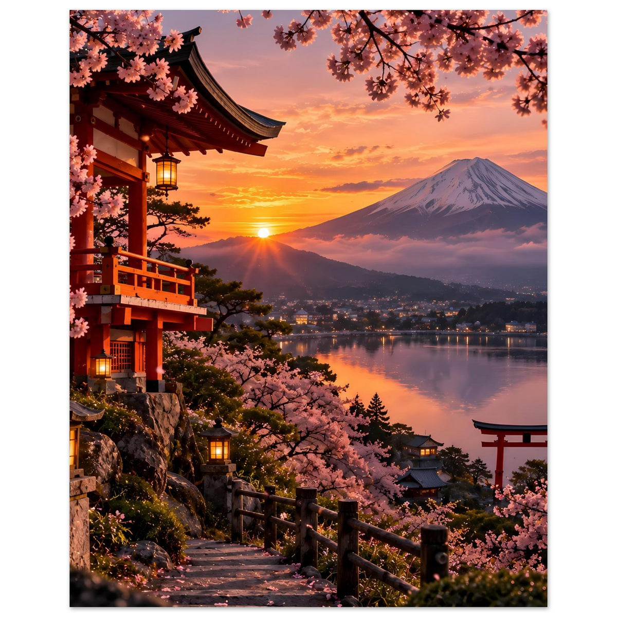 Premium-Poster mit Fuji, Kirschblüten über dem Weg und roter Tempelvorhalle links